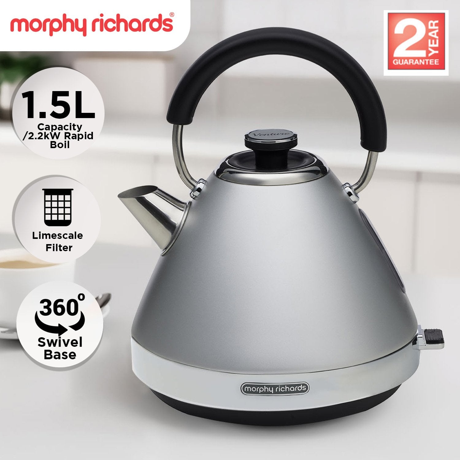 Morphy Richards 1.5L Venture Collection Pyramid Kettle in Steel Grey V240-MRVK15SG