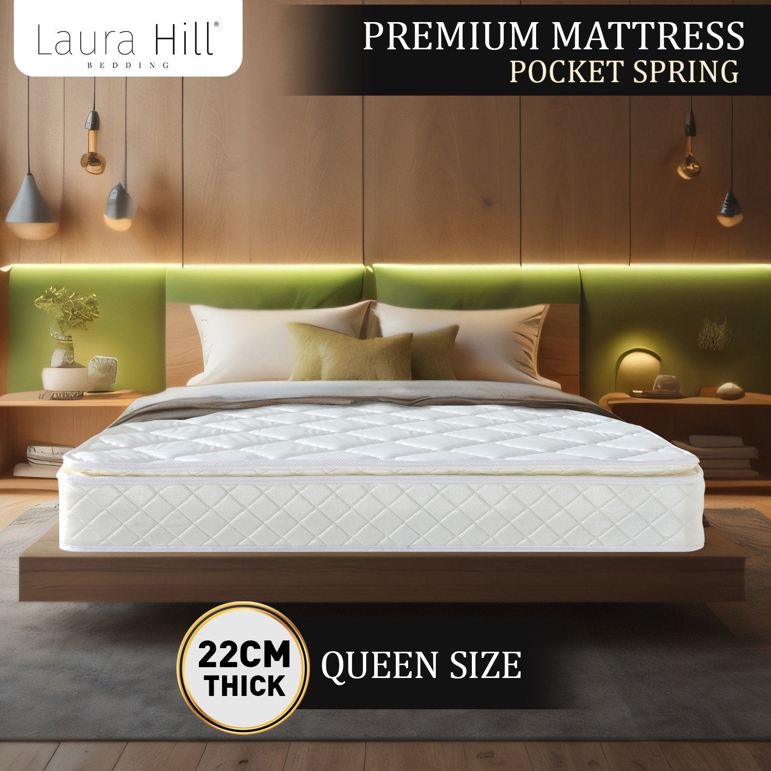 Laura Hill Mattress Queen Size Pillow Top Pocket Spring High Density Foam 22cm V240-MTS-QUN-T22