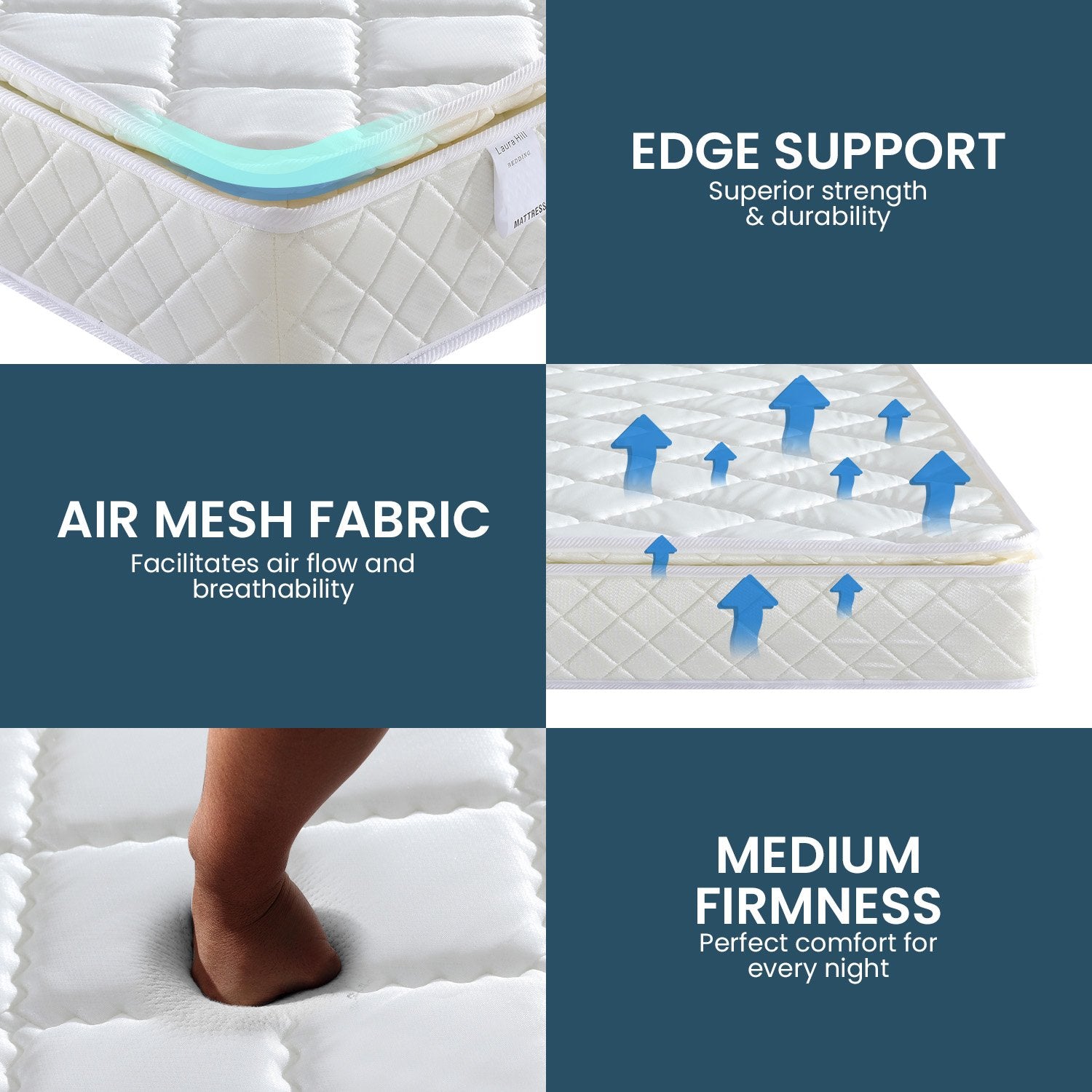 Laura Hill Mattress Queen Size Pillow Top Pocket Spring High Density Foam 22cm V240-MTS-QUN-T22