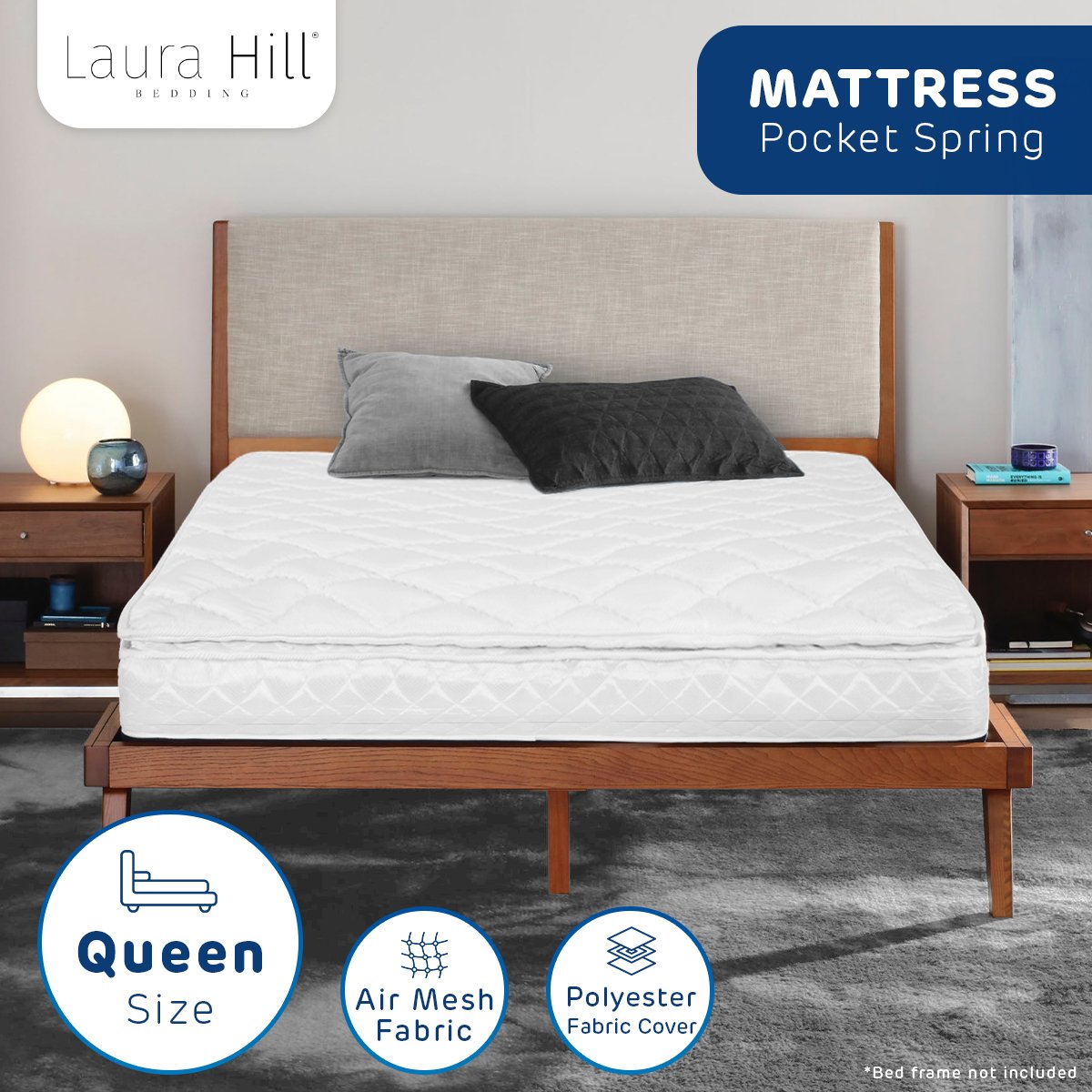 Laura Hill Mattress Queen Size Pillow Top Pocket Spring High Density Foam 22cm V240-MTS-QUN-T22