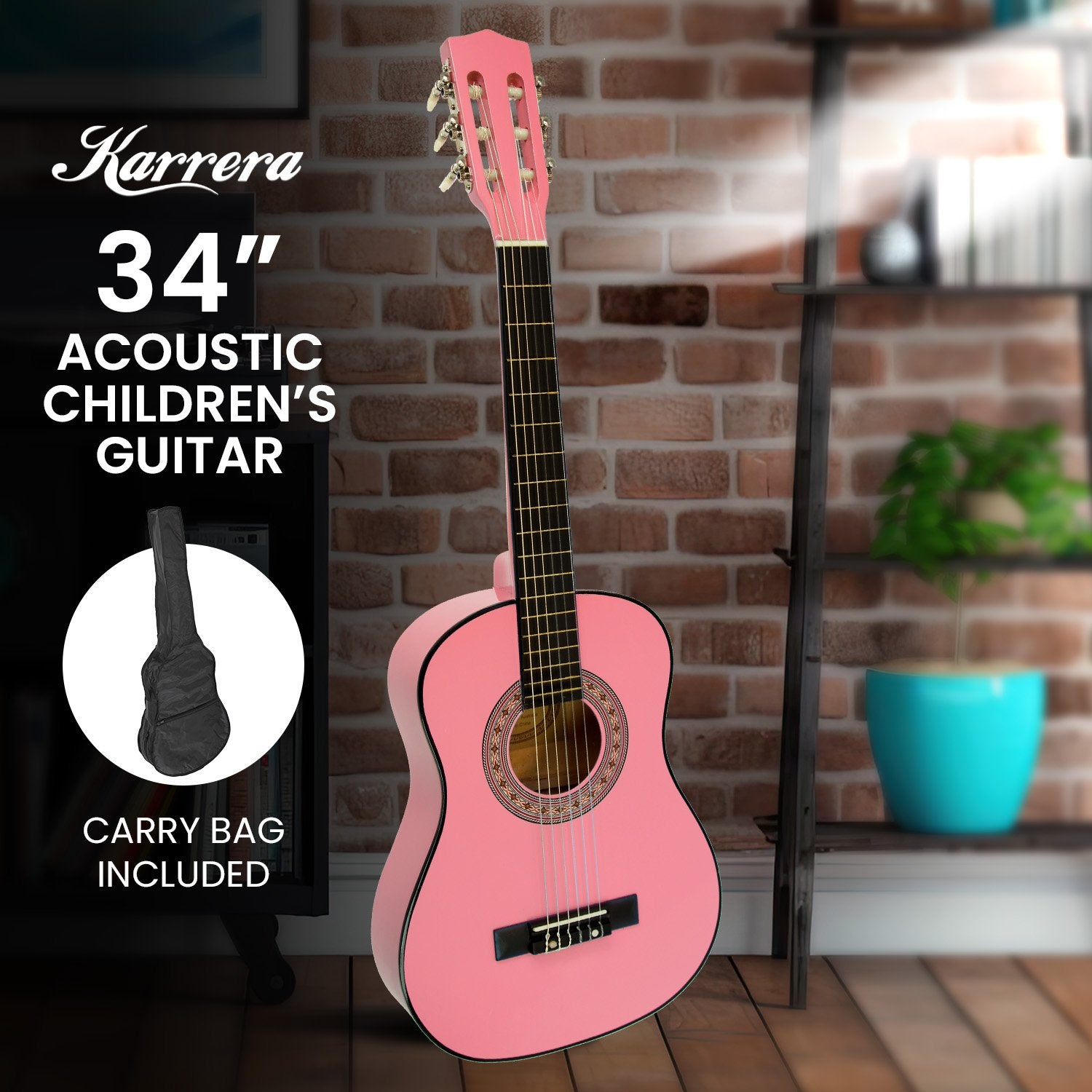 Karrera 34in Acoustic Wooden Childrens Guitar - Pink V240-NC-34-PK