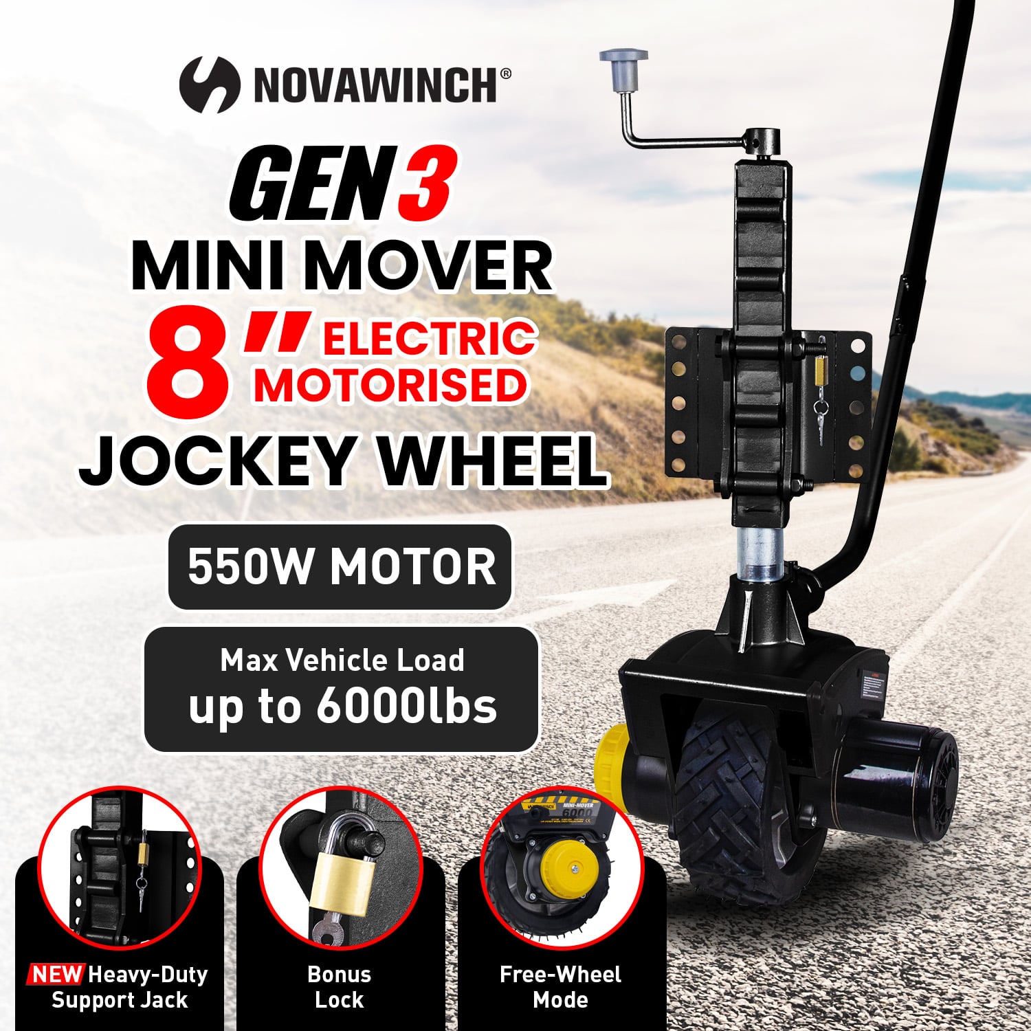 Mini Mover Gen3 12V 550W Electric Motorised Jockey Wheel - Black V240-NT0405-XG3-BK