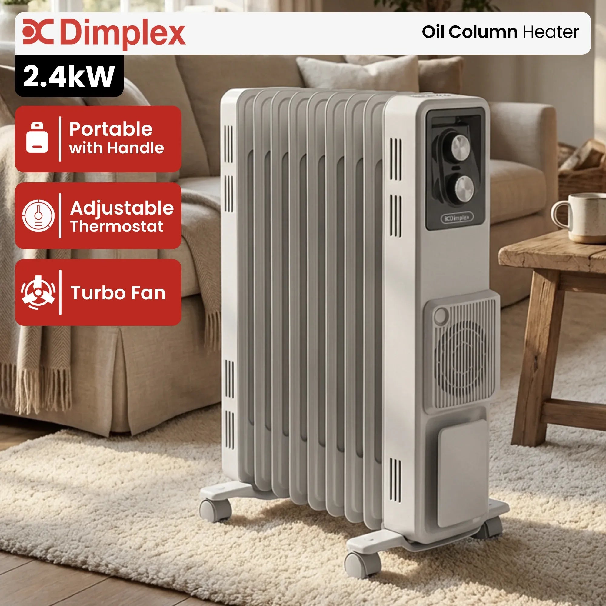 Dimplex 2.4kW Oil Column Heater with Turbo Fan 9 Fin Portable Radiator V240-OCR24FA