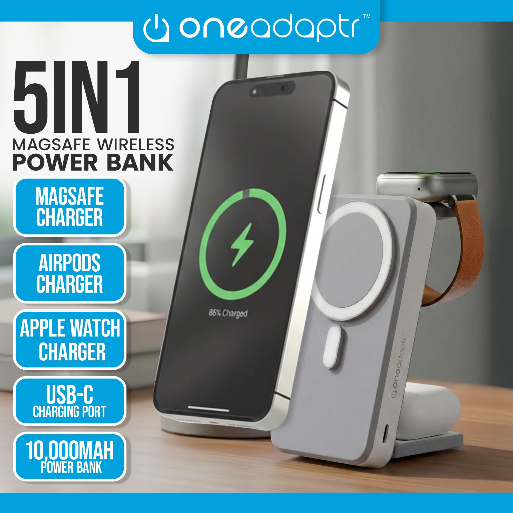 OneAdaptr OneGo Grey 5 in 1 MagSafe Charging Stand Power Bank V240-OG-B10GY