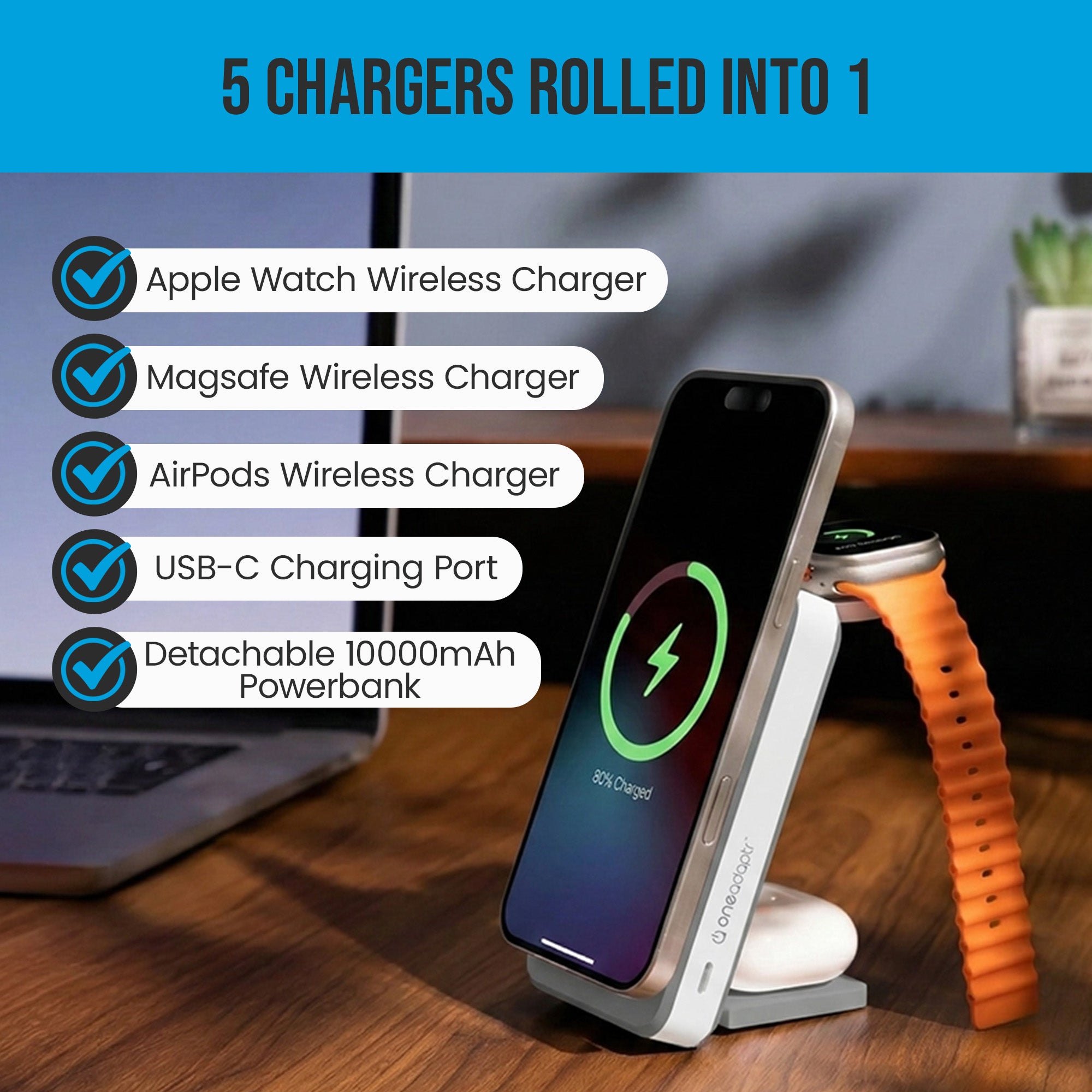 OneAdaptr OneGo Grey 5 in 1 MagSafe Charging Stand Power Bank V240-OG-B10GY