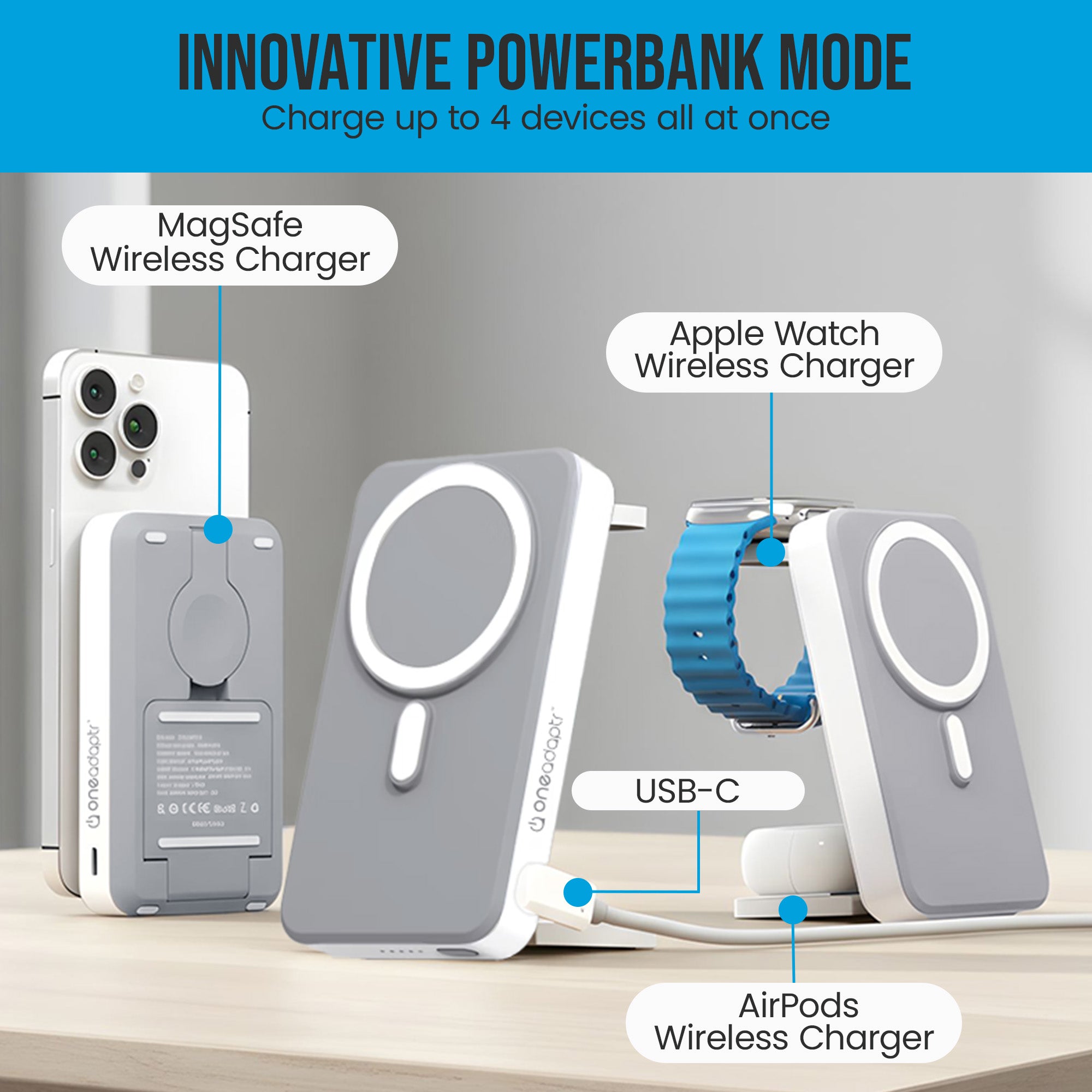 OneAdaptr OneGo Grey 5 in 1 MagSafe Charging Stand Power Bank V240-OG-B10GY