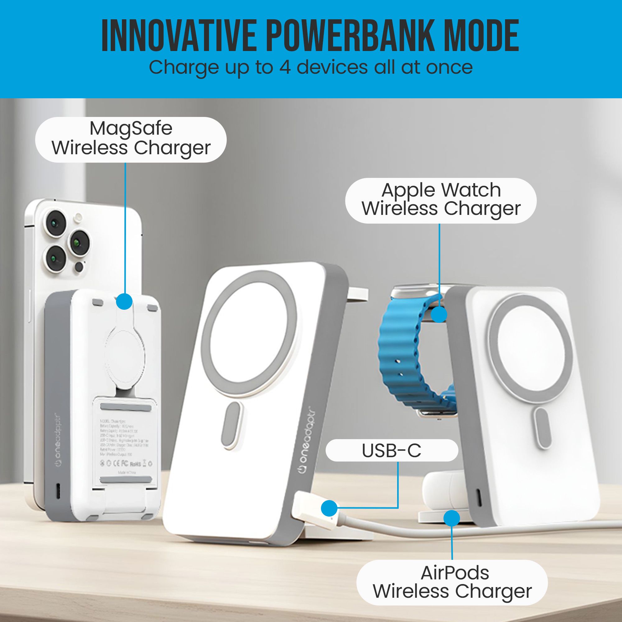OneAdaptr OneGo White 5 in 1 MagSafe Charging Stand Power Bank V240-OG-B10WH