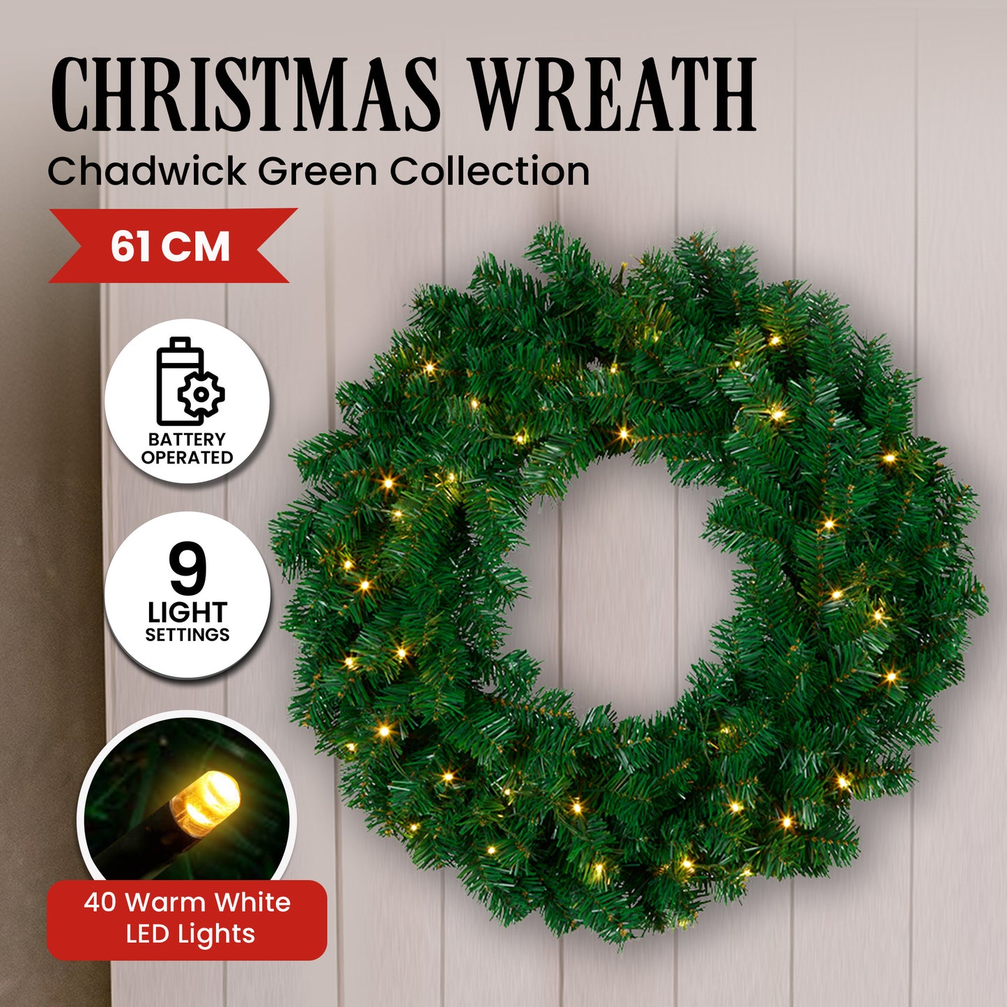 Christabelle 61cm Chadwick Christmas Wreath with LED Lights Front Door Decoration Ornament V240-OPCG61