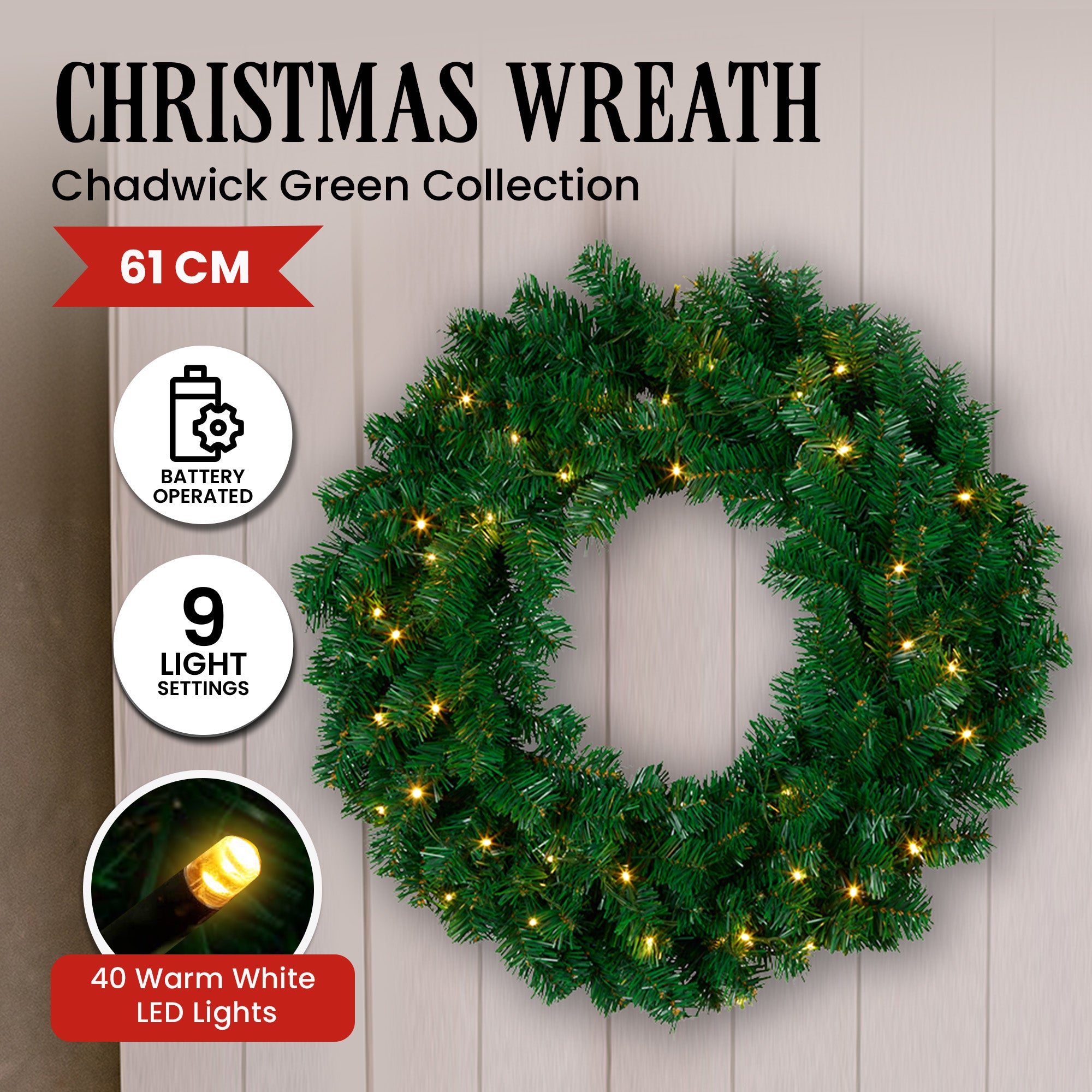 Christabelle 61cm Chadwick Christmas Wreath with LED Lights Front Door Decoration Ornament V240-OPCG61