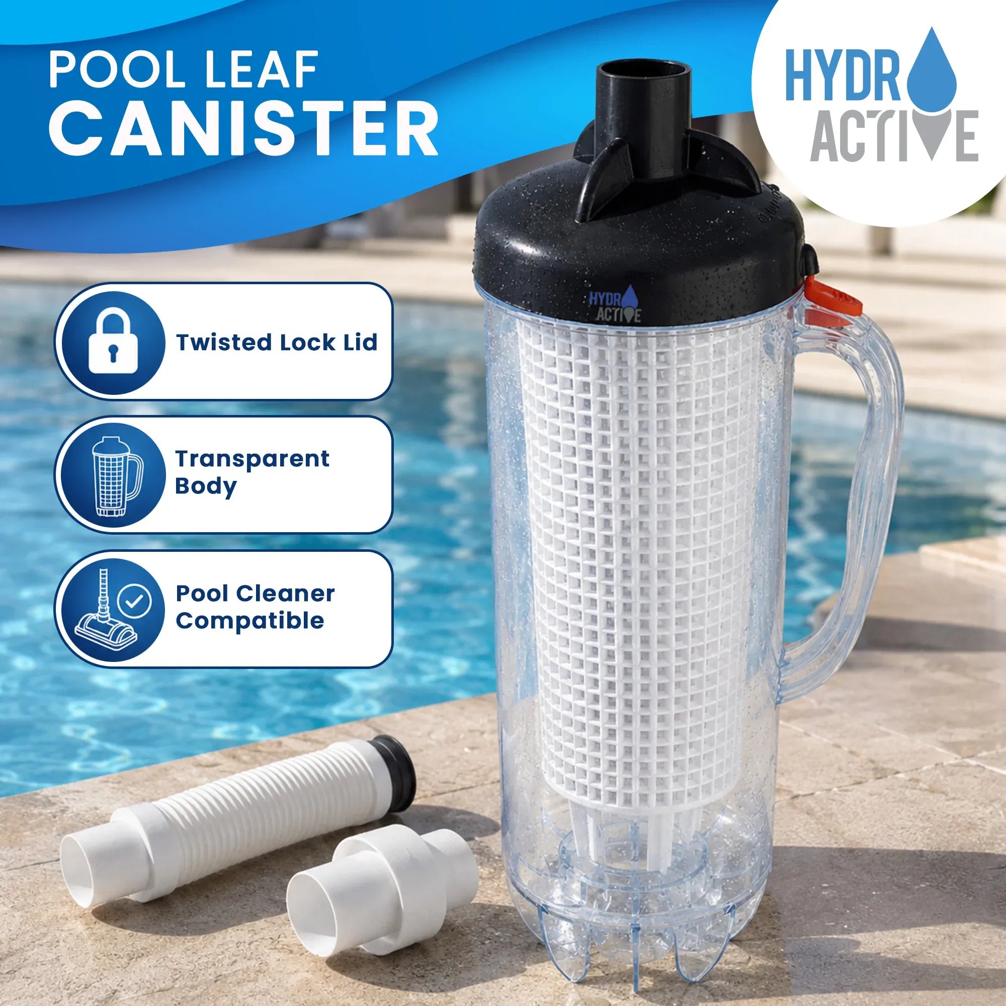 HydroActive Pool Leaf Canister Inline Debris Catcher for Suction Pool Cleaners V240-PLC-PWF-02B