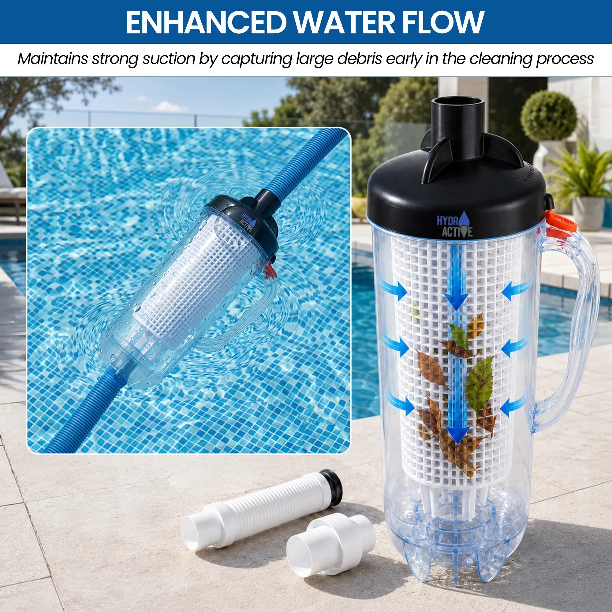 HydroActive Pool Leaf Canister Inline Debris Catcher for Suction Pool Cleaners V240-PLC-PWF-02B