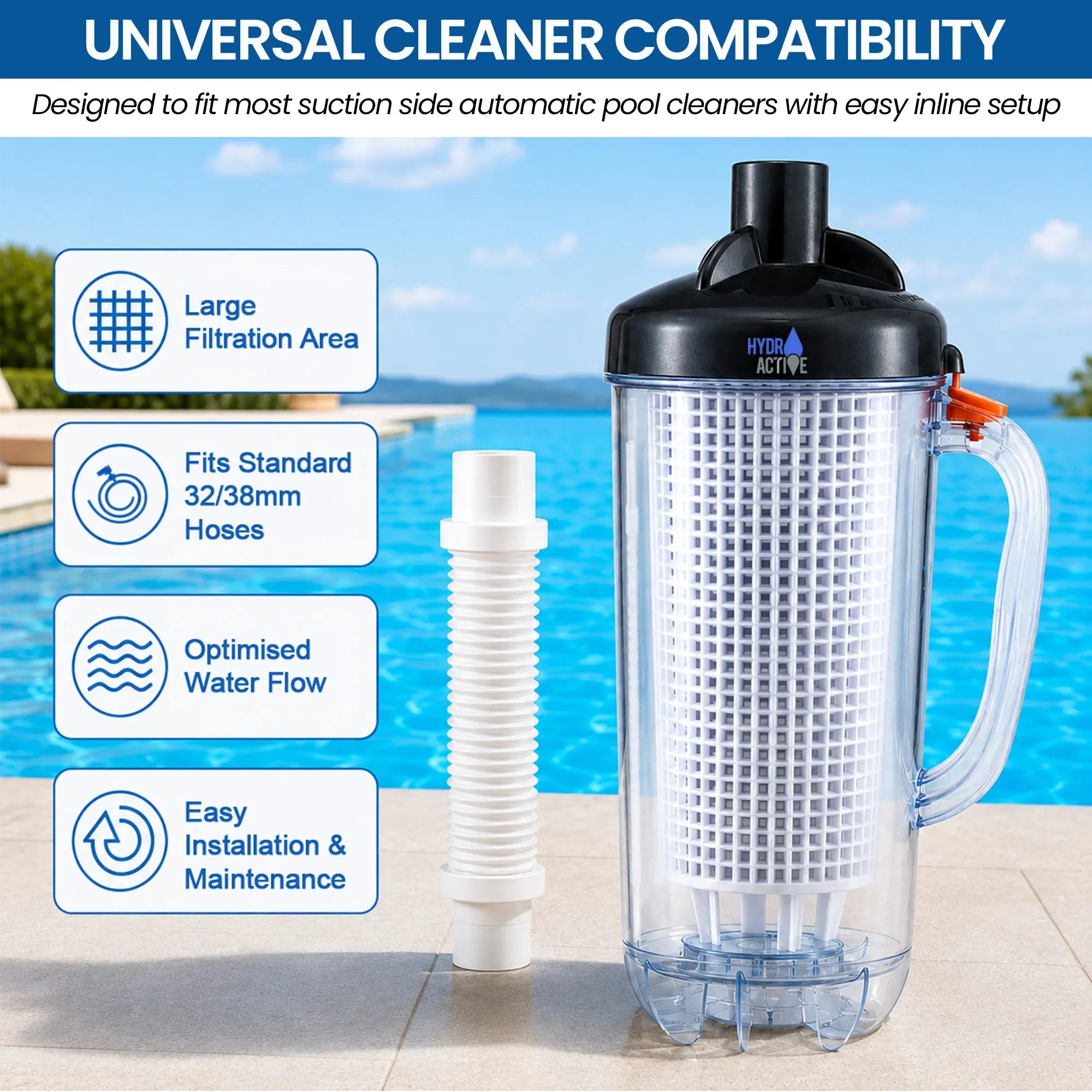 HydroActive Pool Leaf Canister Inline Debris Catcher for Suction Pool Cleaners V240-PLC-PWF-02B