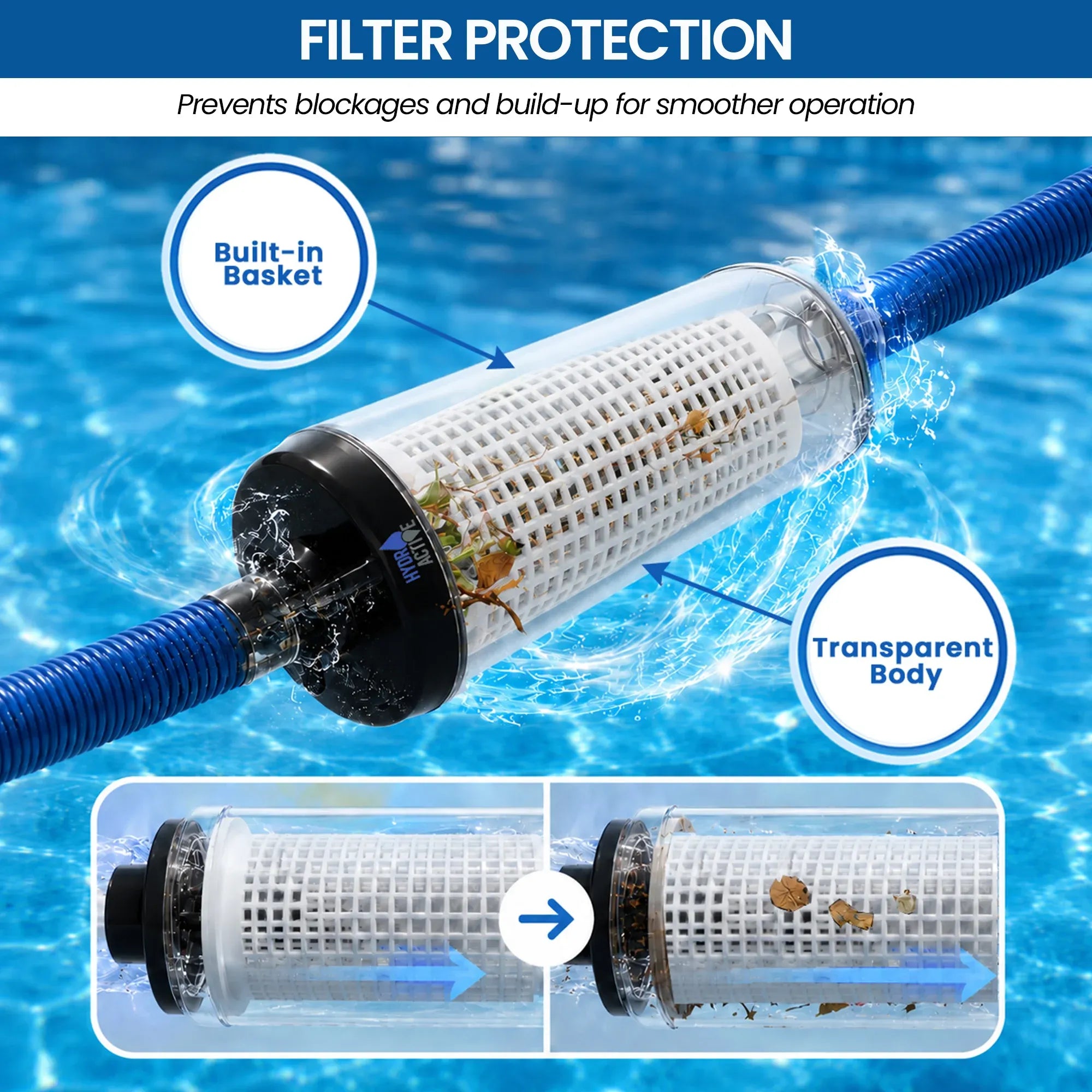 HydroActive Pool Leaf Canister Inline Debris Catcher for Suction Pool Cleaners V240-PLC-PWF-02B