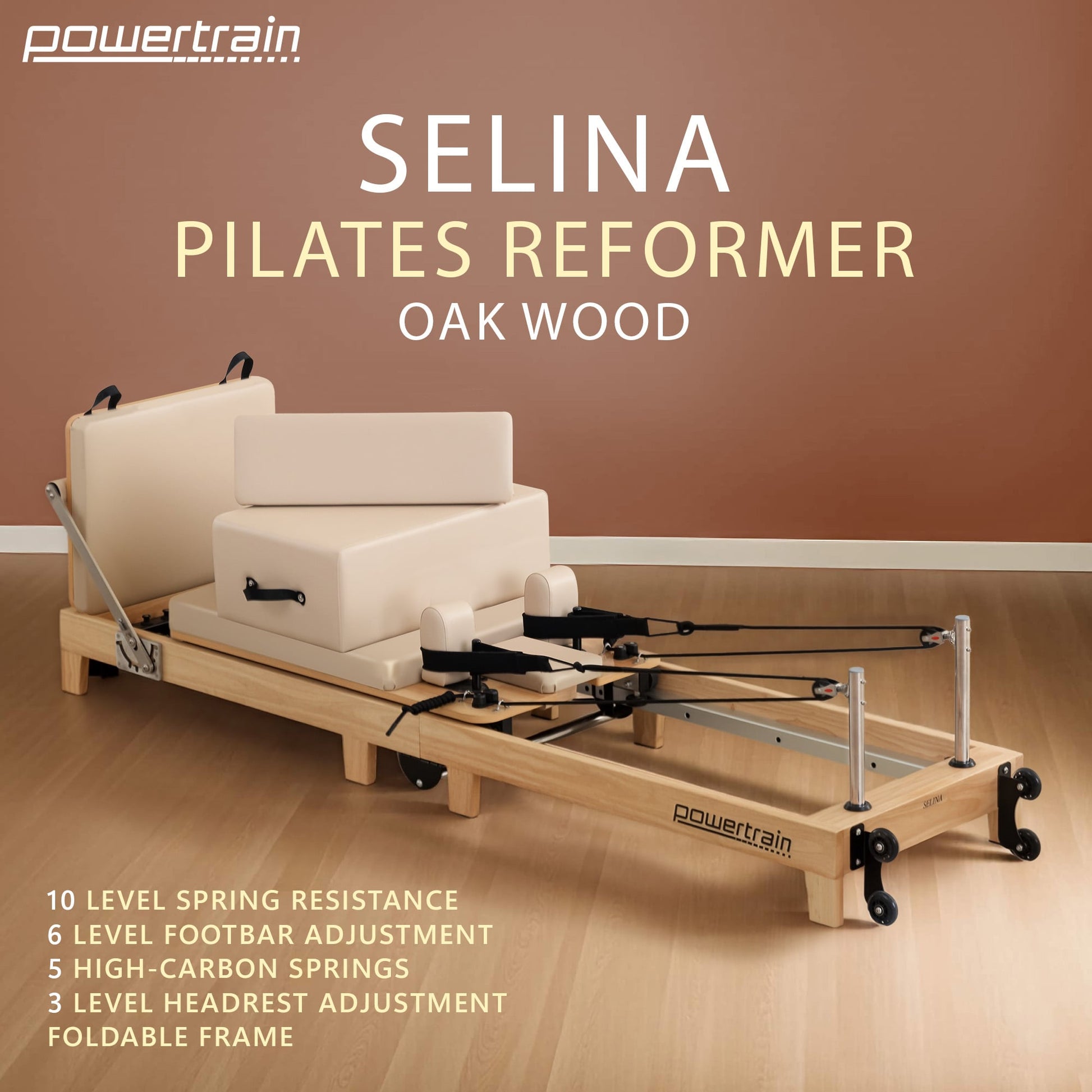 Powertrain Selina Pilates Reformer Machine Wooden Folding Multifunctional Home Gym Equipment with Jumpboard & V240-PLT-JYI-F2W-BE