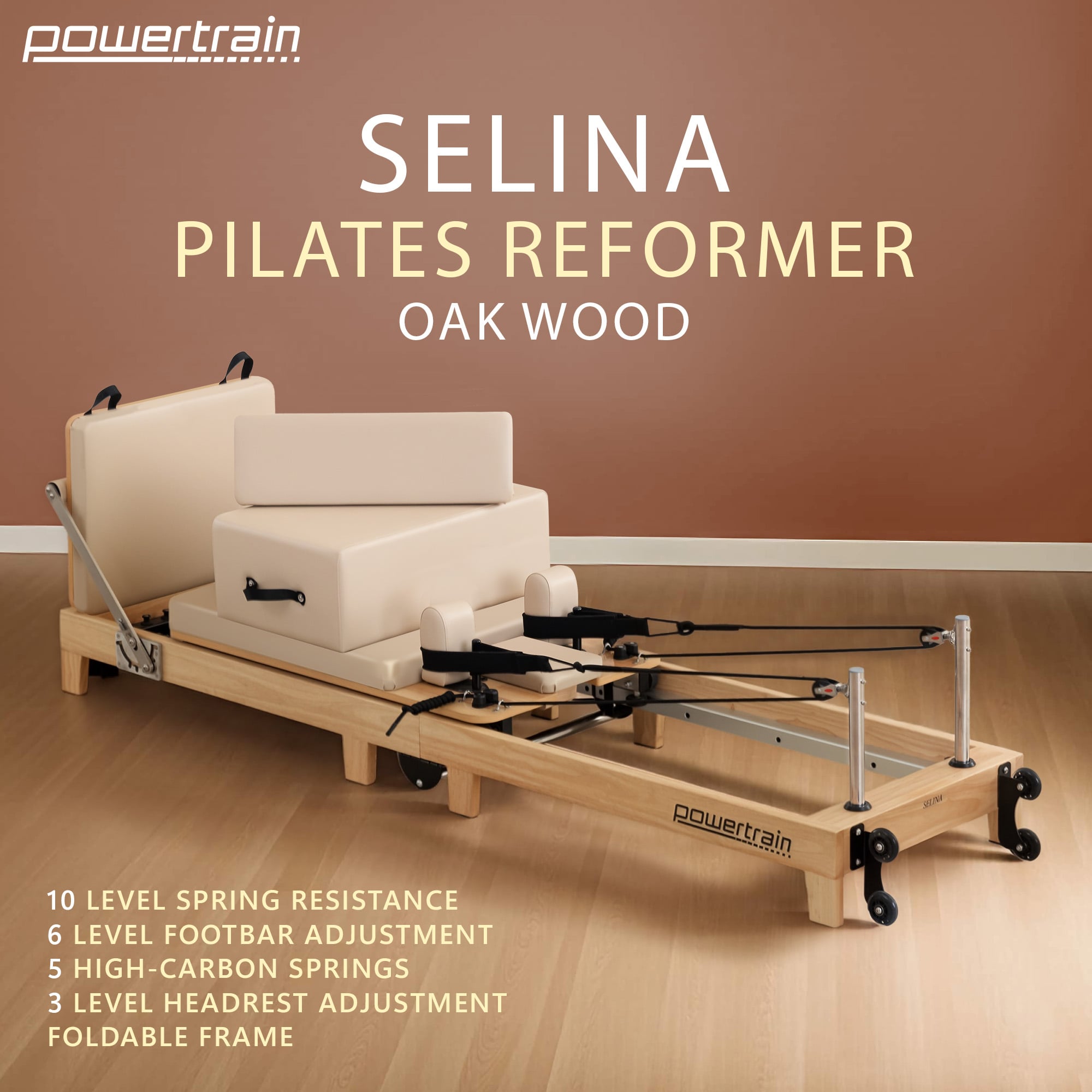 Powertrain Selina Pilates Reformer Machine Wooden Folding Multifunctional Home Gym Equipment with Jumpboard & V240-PLT-JYI-F2W-BE
