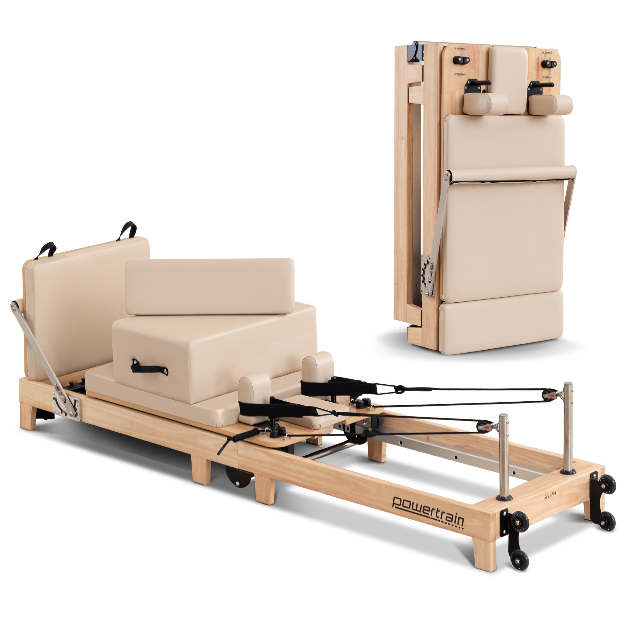 Powertrain Selina Pilates Reformer Machine Wooden Folding Multifunctional Home Gym Equipment with Jumpboard & V240-PLT-JYI-F2W-BE
