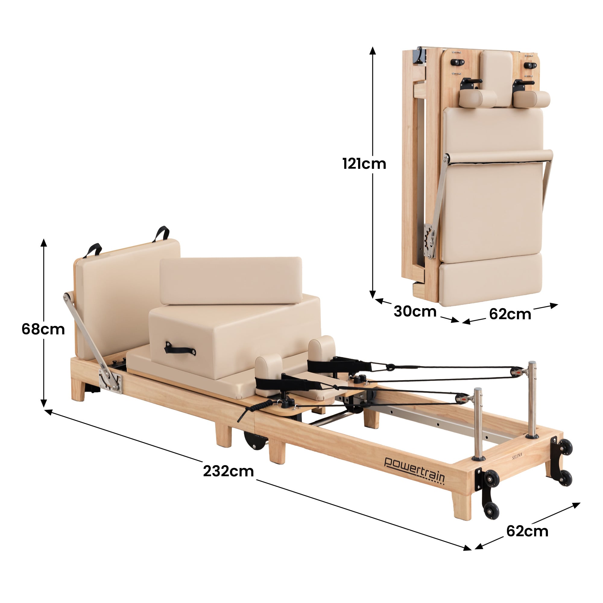Powertrain Selina Pilates Reformer Machine Wooden Folding Multifunctional Home Gym Equipment with Jumpboard & V240-PLT-JYI-F2W-BE