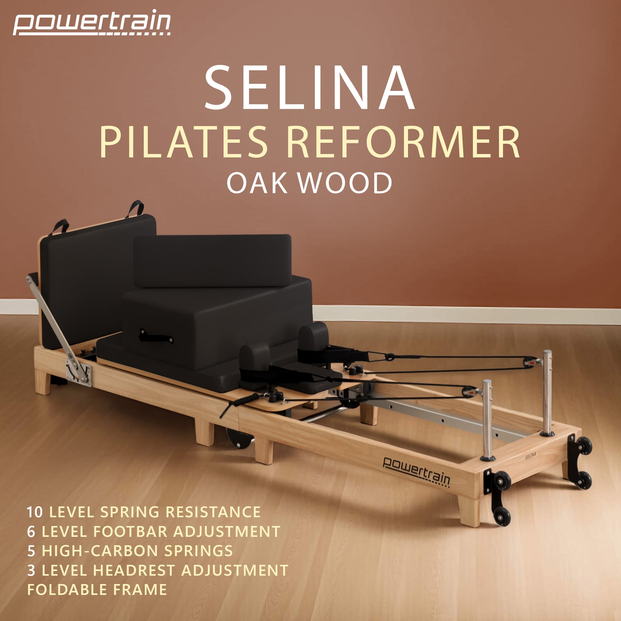 Powertrain Selina Pilates Reformer Machine Wooden Folding Multifunctional Home Gym Equipment with Jumpboard & V240-PLT-JYI-F2W-BK