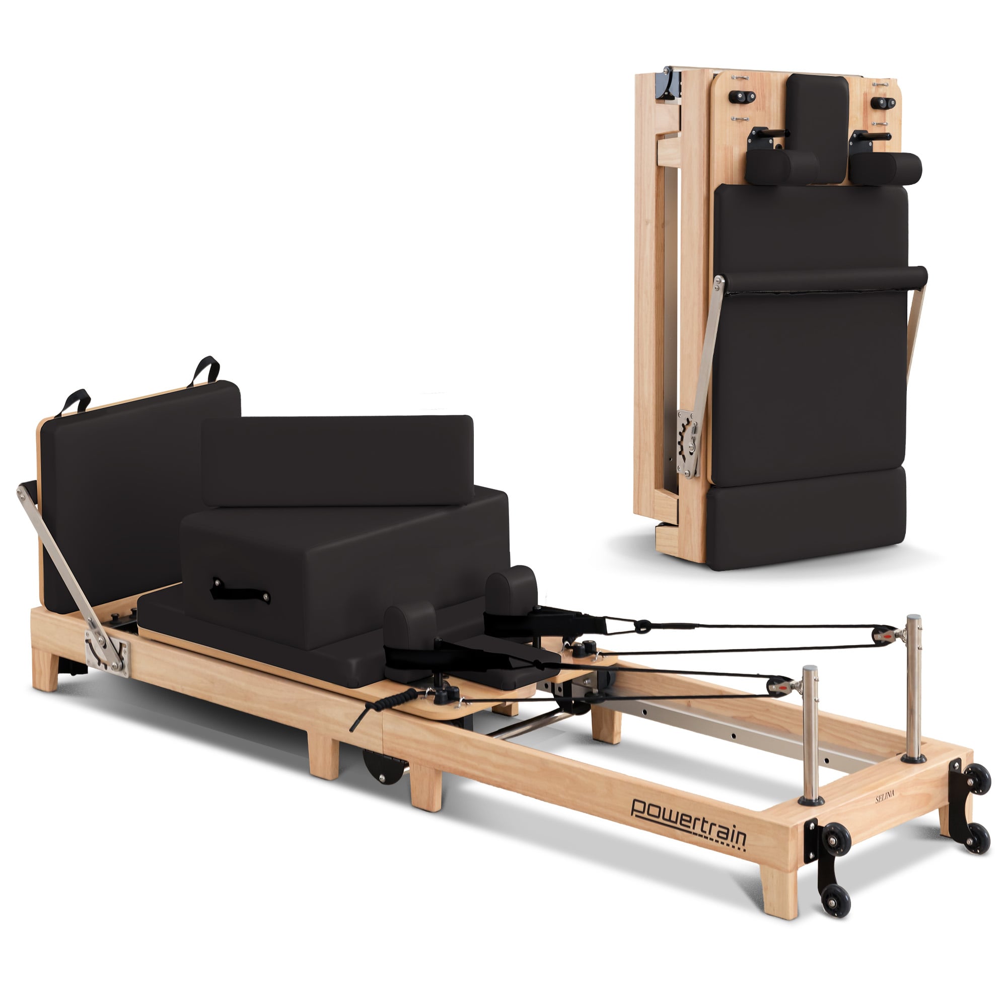 Powertrain Selina Pilates Reformer Machine Wooden Folding Multifunctional Home Gym Equipment with Jumpboard & V240-PLT-JYI-F2W-BK