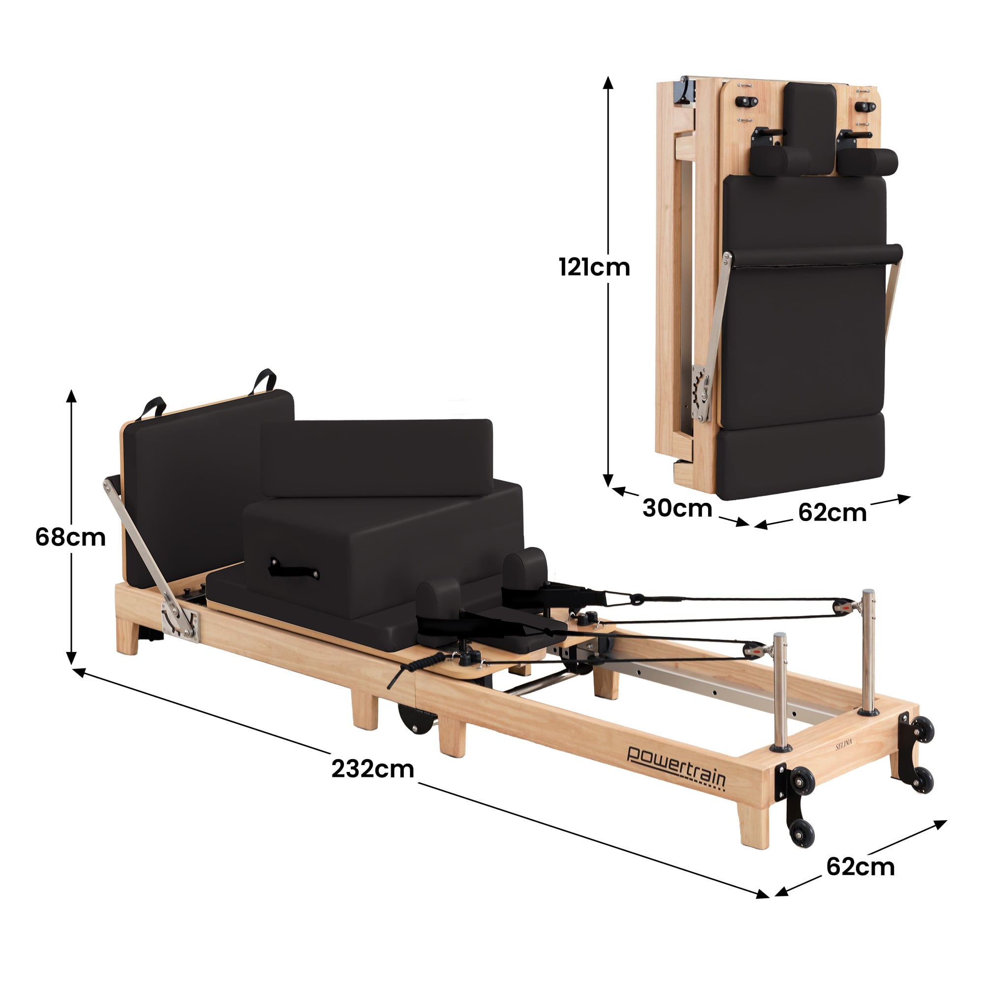 Powertrain Selina Pilates Reformer Machine Wooden Folding Multifunctional Home Gym Equipment with Jumpboard & V240-PLT-JYI-F2W-BK