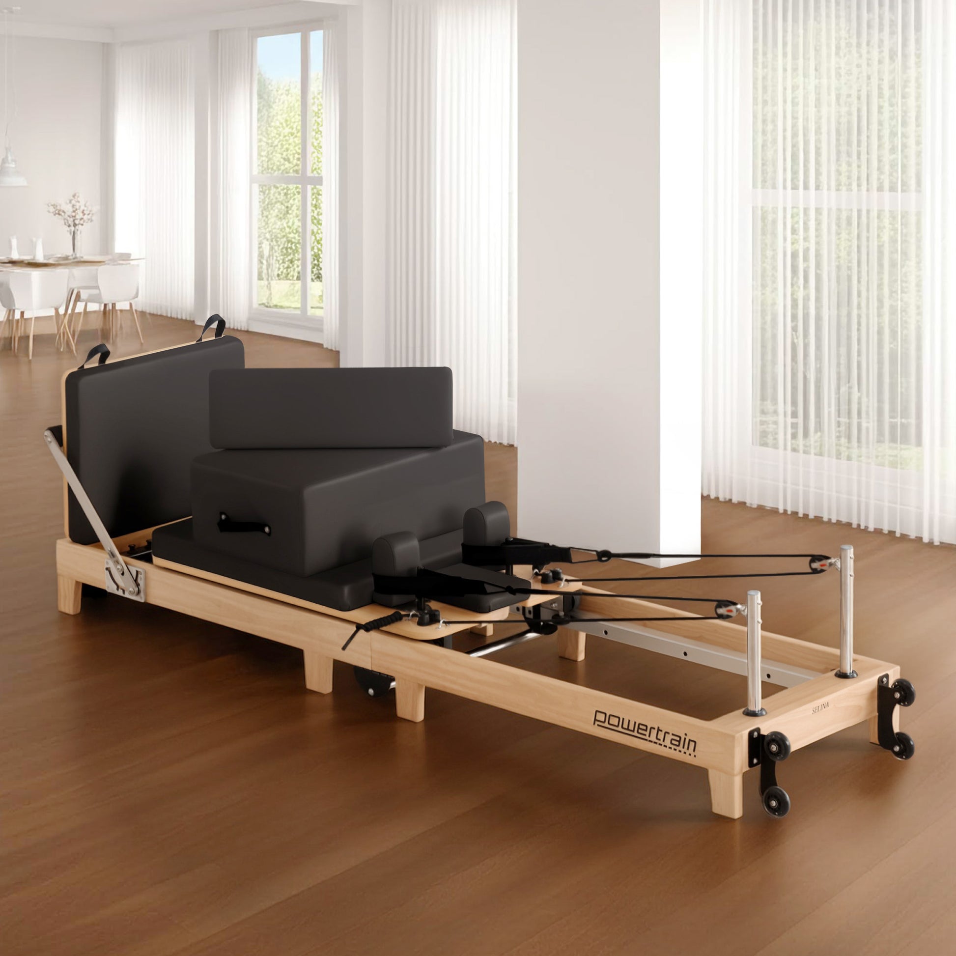 Powertrain Selina Pilates Reformer Machine Wooden Folding Multifunctional Home Gym Equipment with Jumpboard & V240-PLT-JYI-F2W-BK