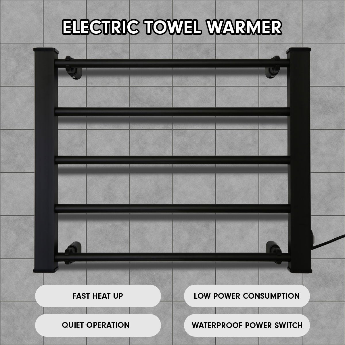 Pronti Heated Towel Rack Electric Bathroom Towel Rails Warmer Ev-90 -black V240-PTR-EVA-90-BK