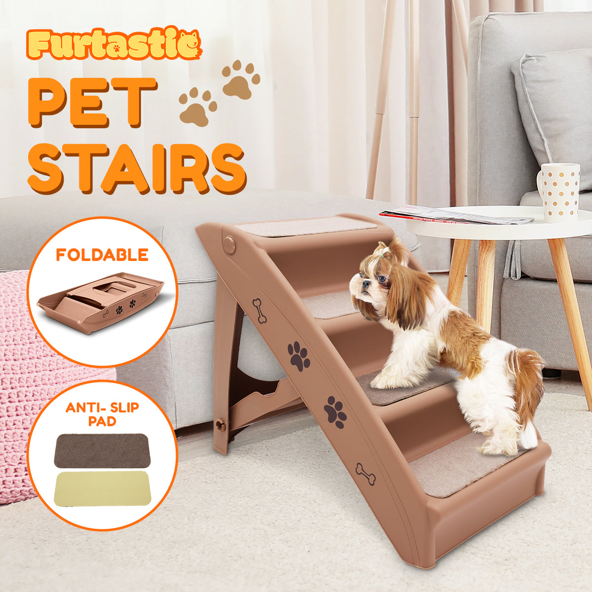 Furtastic 50cm Foldable Step Ladder Stairs - Brown V240-PTS-EJE-433-BR