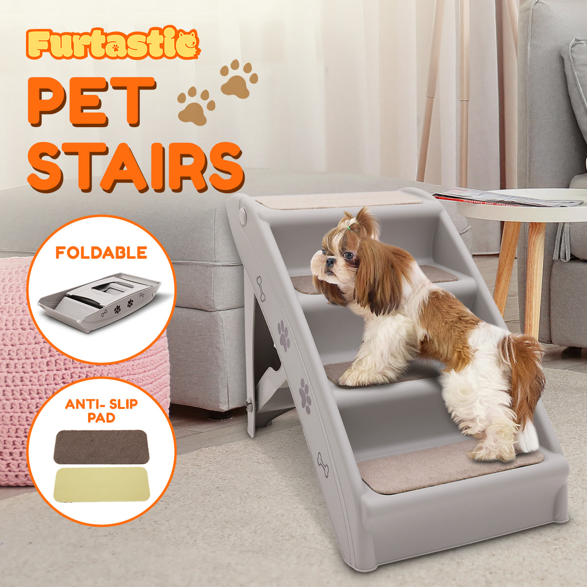 Furtastic Foldable Pet Stairs in Grey - 50cm Dog Ladder Cat Ramp with Non-Slip Mat for Indoor and Outdoor Use V240-PTS-EJE-433-GY