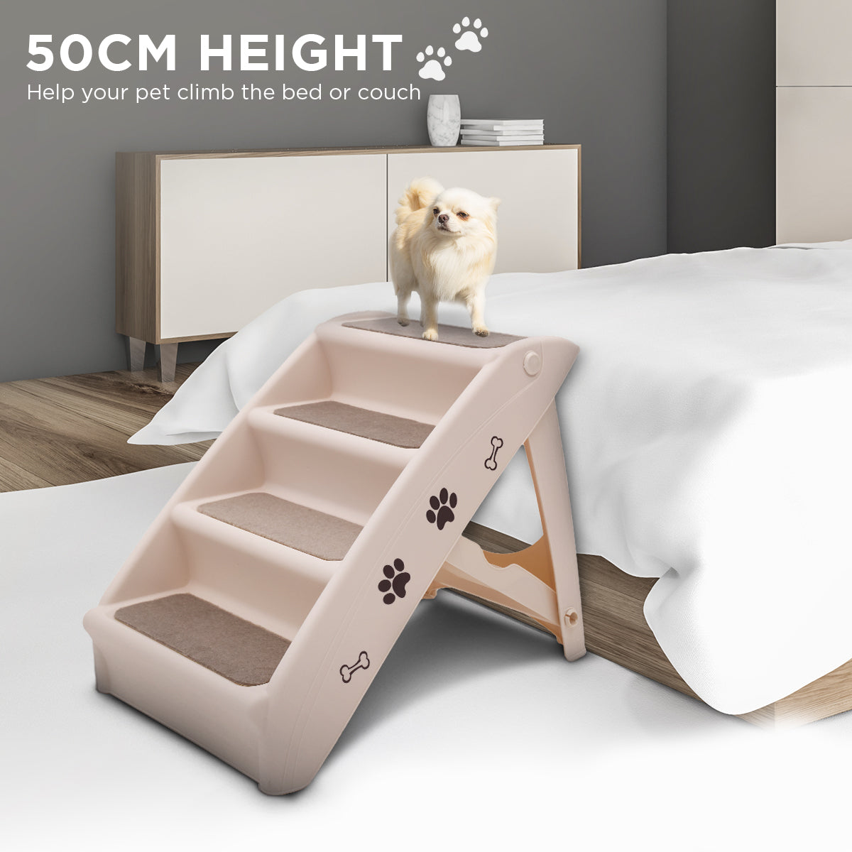 Furtastic Foldable Pet Stairs In White - 50cm Dog Ladder Cat Ramp V240-PTS-EJE-433-WH