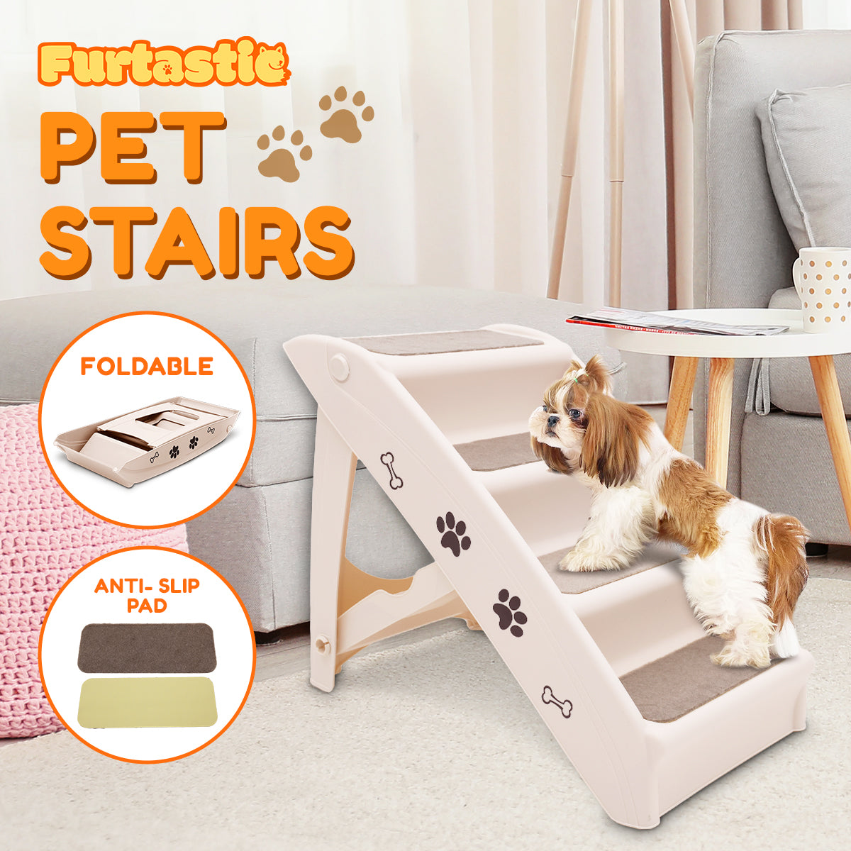 Furtastic Foldable Pet Stairs In White - 50cm Dog Ladder Cat Ramp V240-PTS-EJE-433-WH