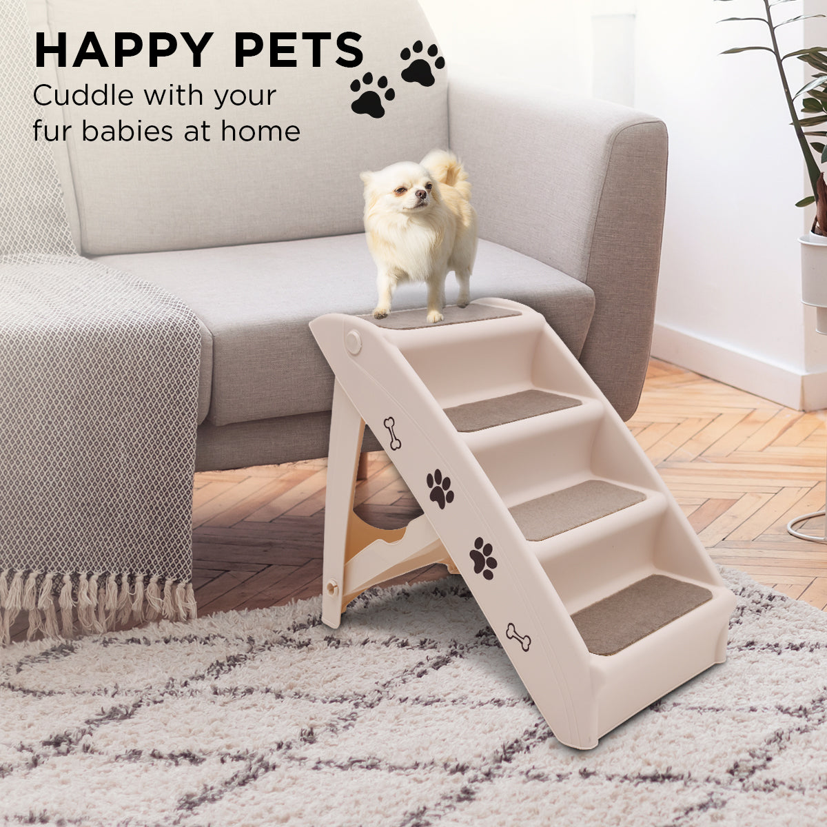 Furtastic Foldable Pet Stairs In White - 50cm Dog Ladder Cat Ramp V240-PTS-EJE-433-WH
