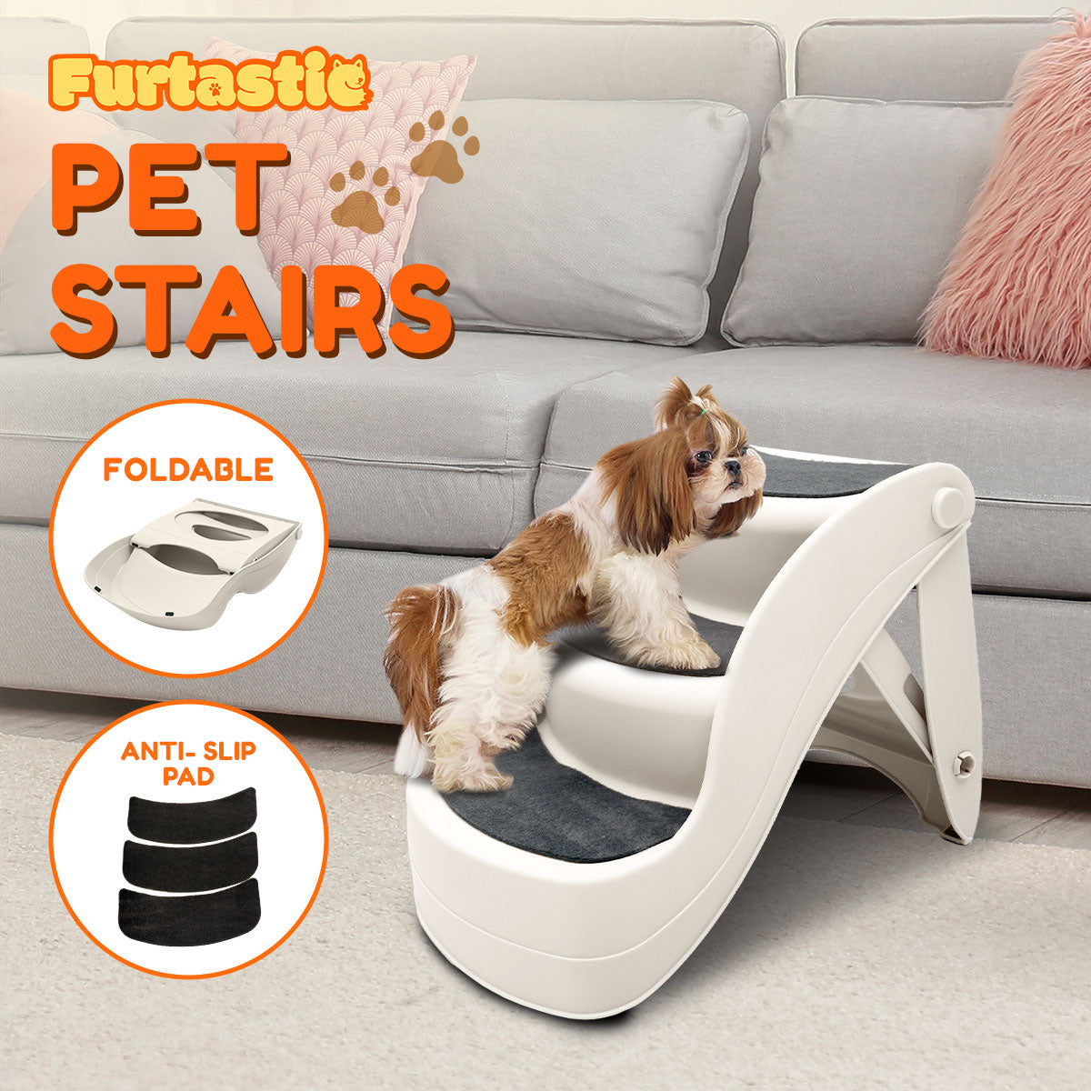 Furtastic 38cm Foldable Pet Stairs Ramp - White V240-PTS-EJE-434-WH