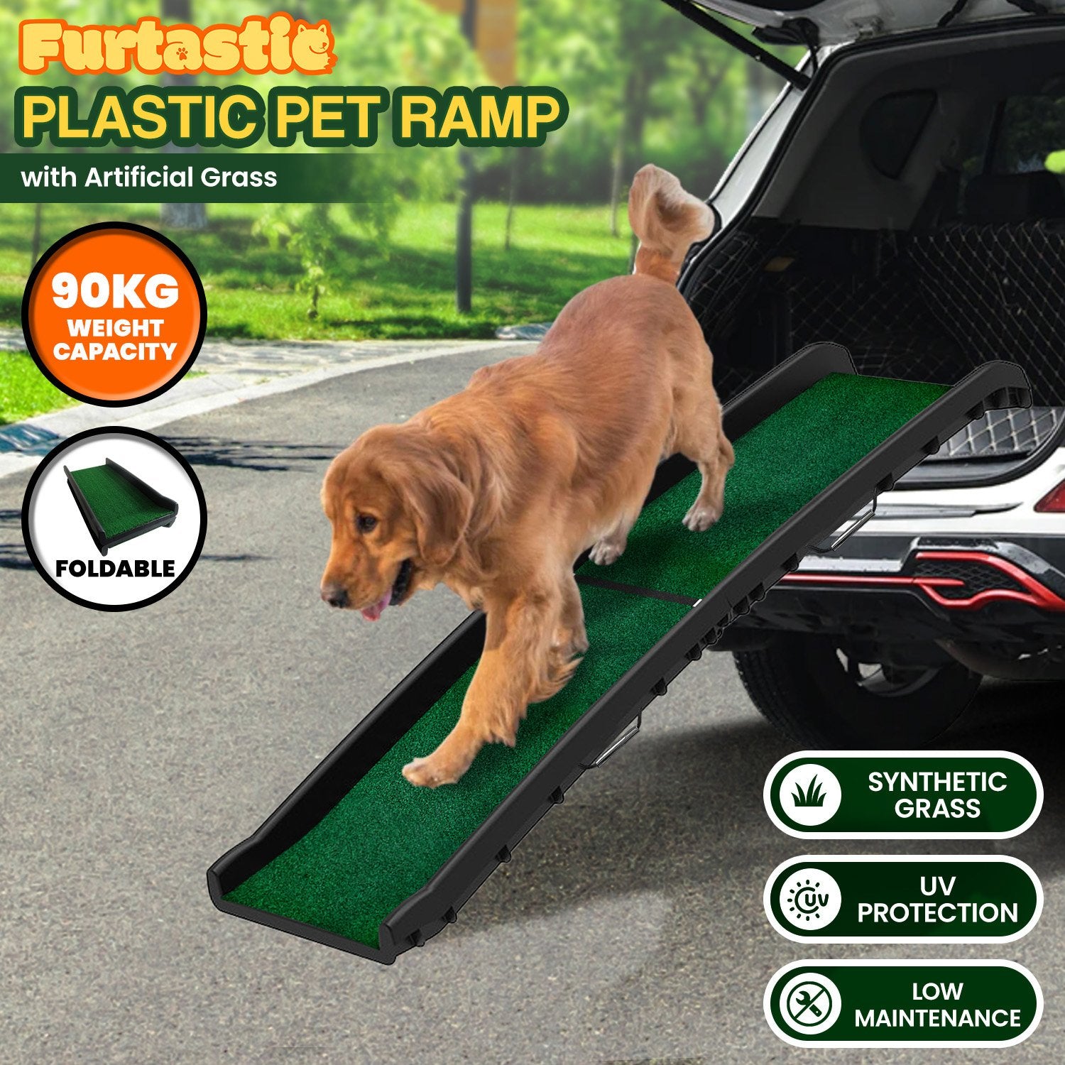 Furtastic Foldable Dog Ramp with Poly-Grass Grip Surface Non-Slip UV Protection V240-PTS-EJE-DF-GRS
