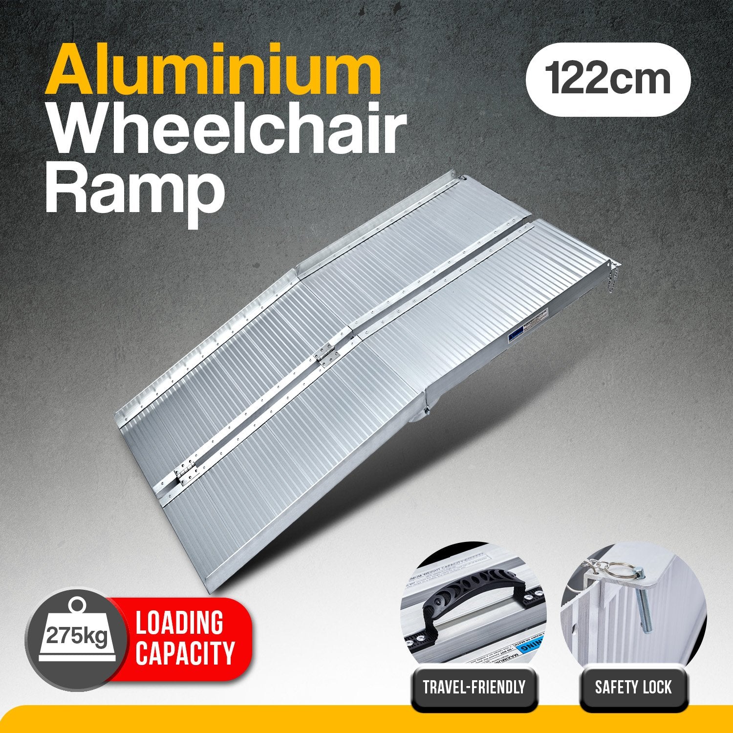 Kartrite 4ft Aluminium Foldable Wheelchair Ramp Non-Slip R02 Silver V240-RAM-WCR-R02-4FT