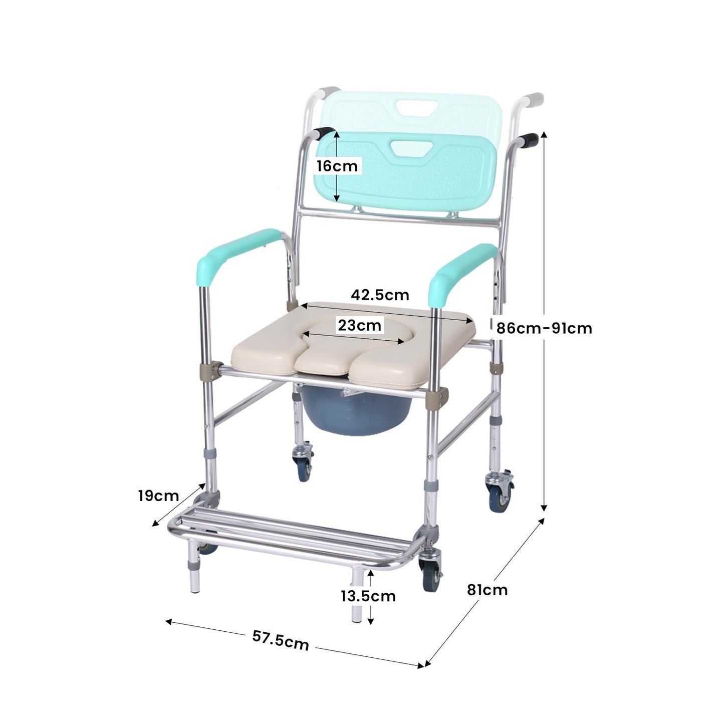 Orthonica Commode Chair With Castors Aluminium Frame Footrest Soft Push Handles V240-SHC-MAS-050-24L