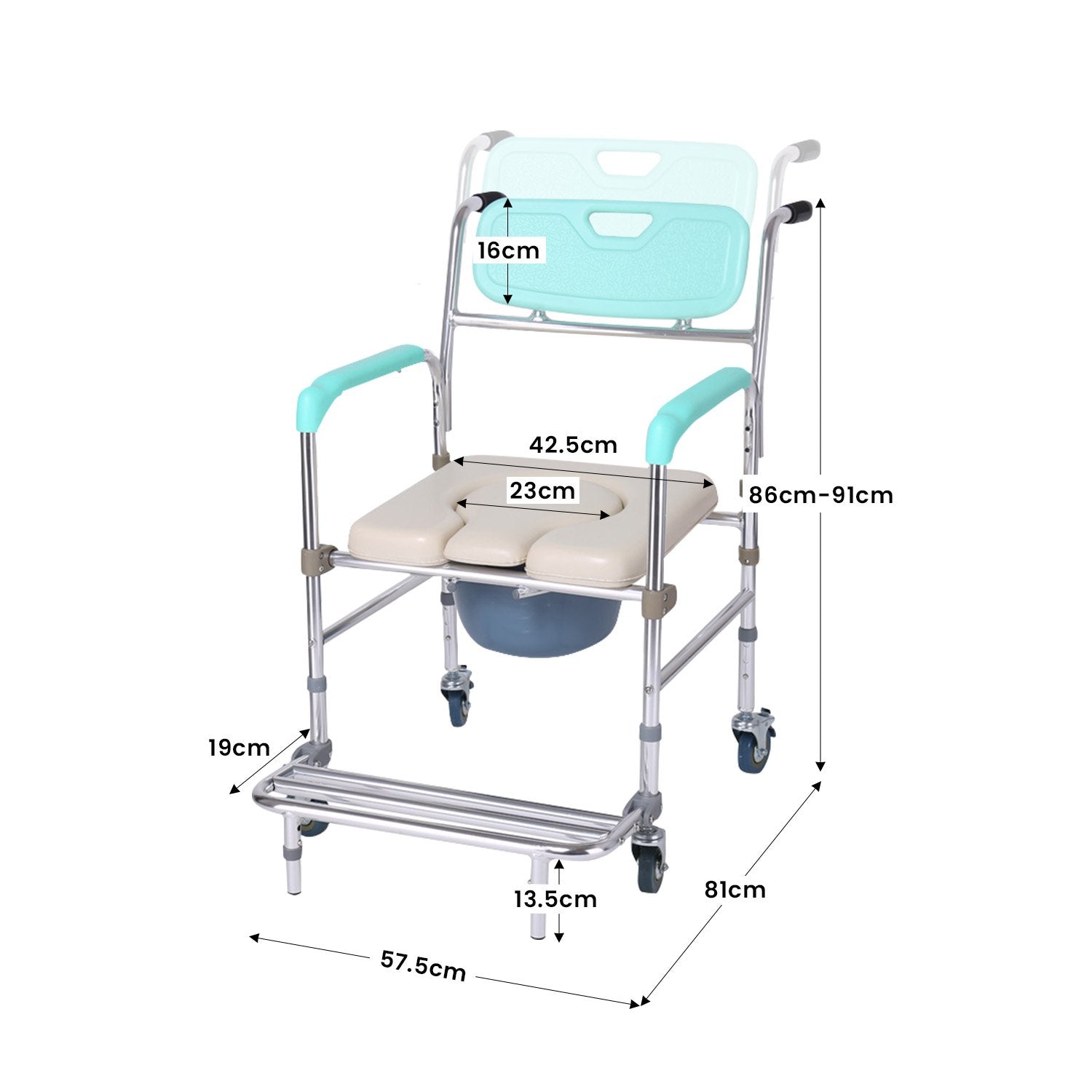 Orthonica Commode Chair With Castors Aluminium Frame Footrest Soft Push Handles V240-SHC-MAS-050-24L
