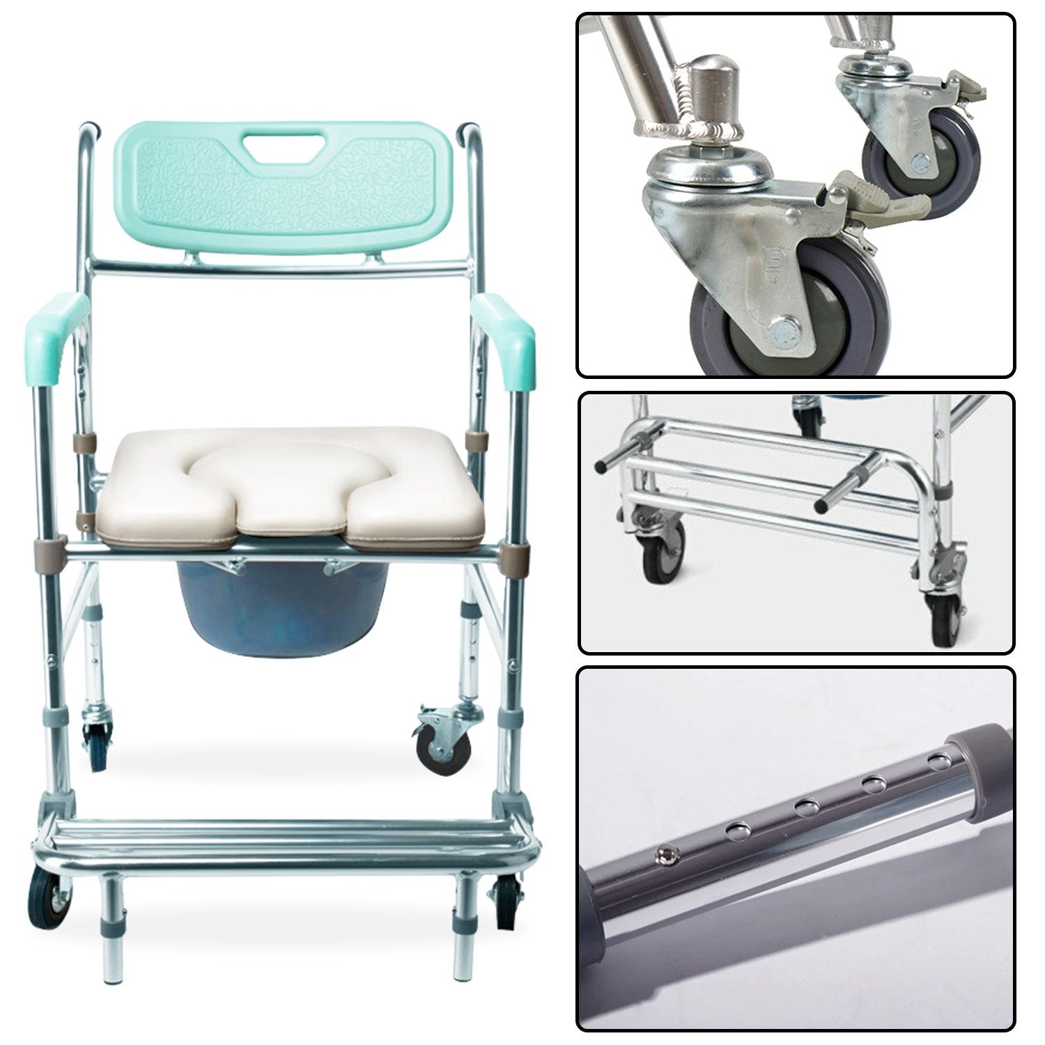 Orthonica Commode Chair With Castors Aluminium Frame Footrest Soft Push Handles V240-SHC-MAS-050-24L