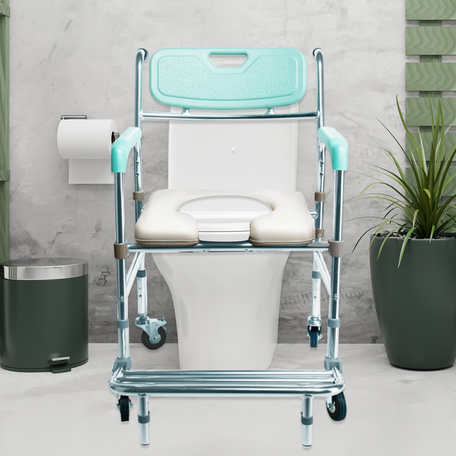 Orthonica Commode Chair With Castors Aluminium Frame Footrest Soft Push Handles V240-SHC-MAS-050-24L