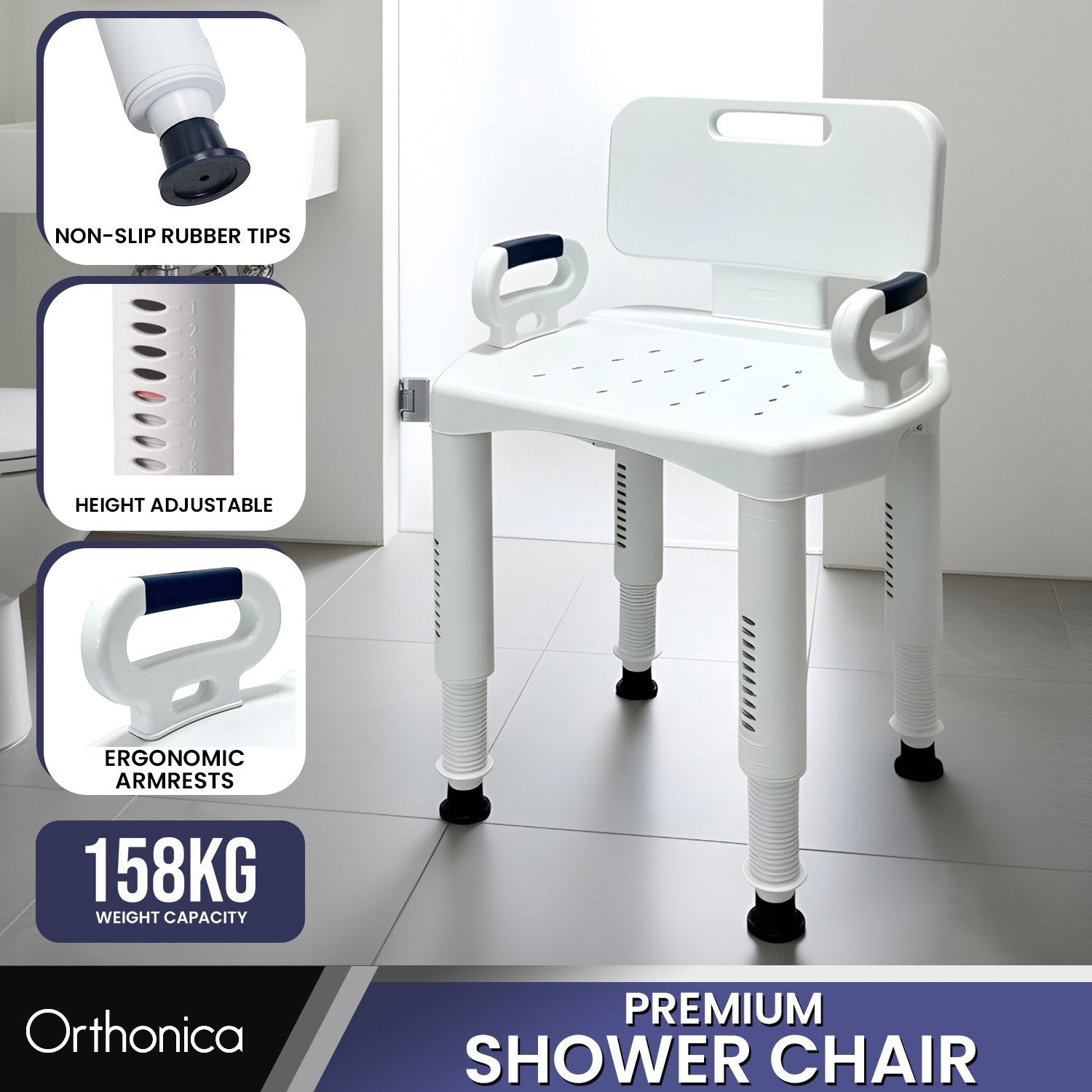 Orthonica Premium Adjustable Shower Chair with Armrests 158kg Capacity V240-SHC-MAS-073-WH