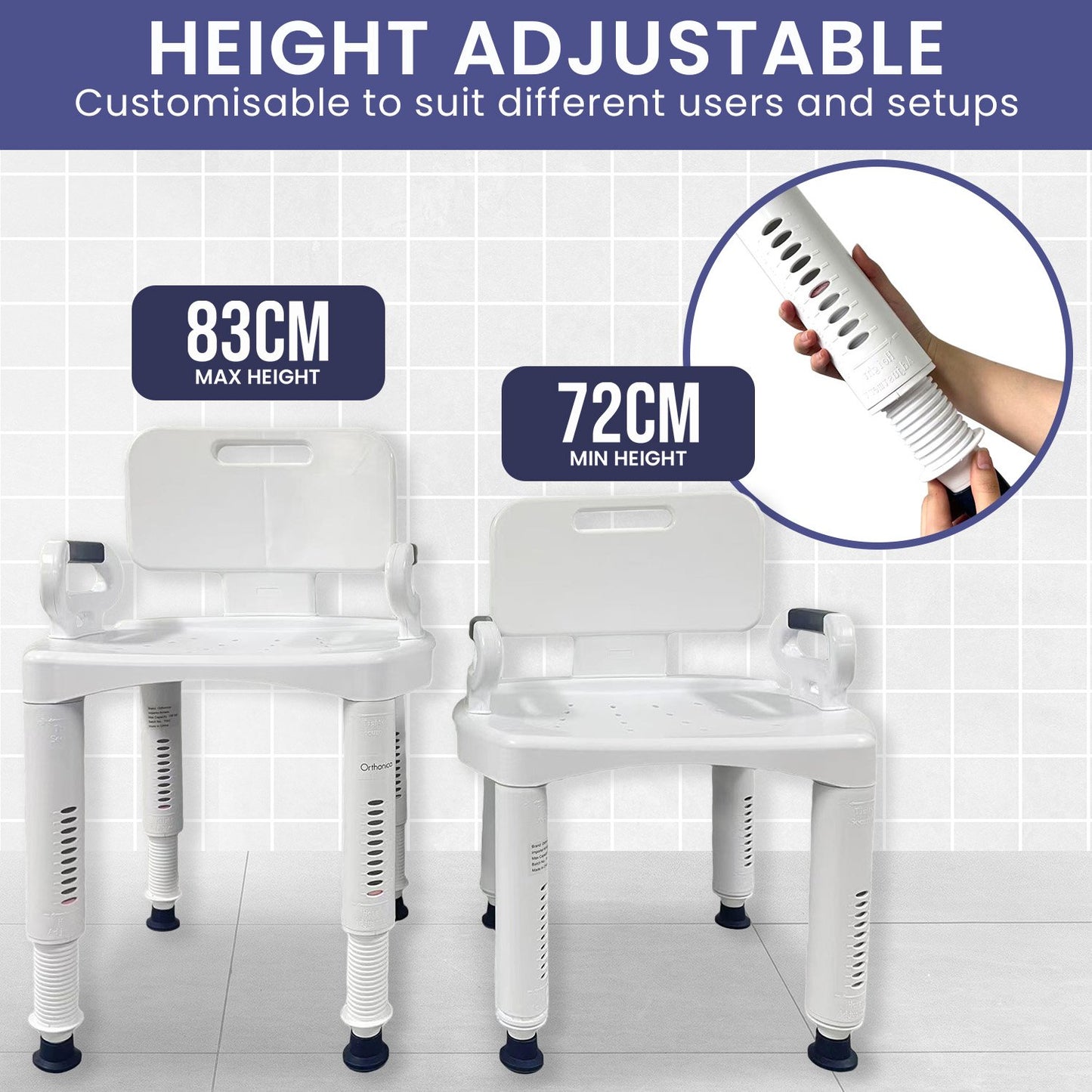 Orthonica Premium Adjustable Shower Chair with Armrests 158kg Capacity V240-SHC-MAS-073-WH