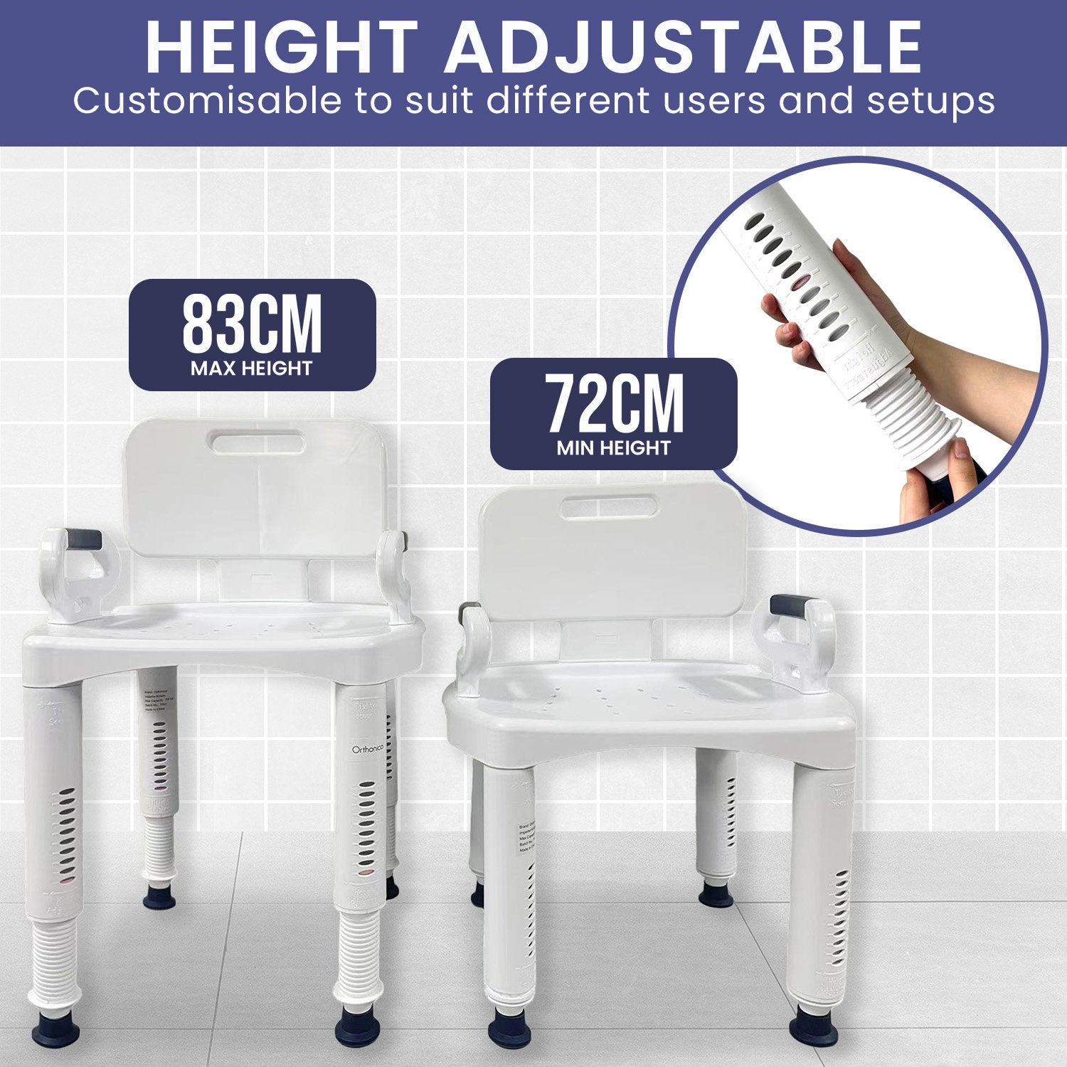 Orthonica Premium Adjustable Shower Chair with Armrests 158kg Capacity V240-SHC-MAS-073-WH