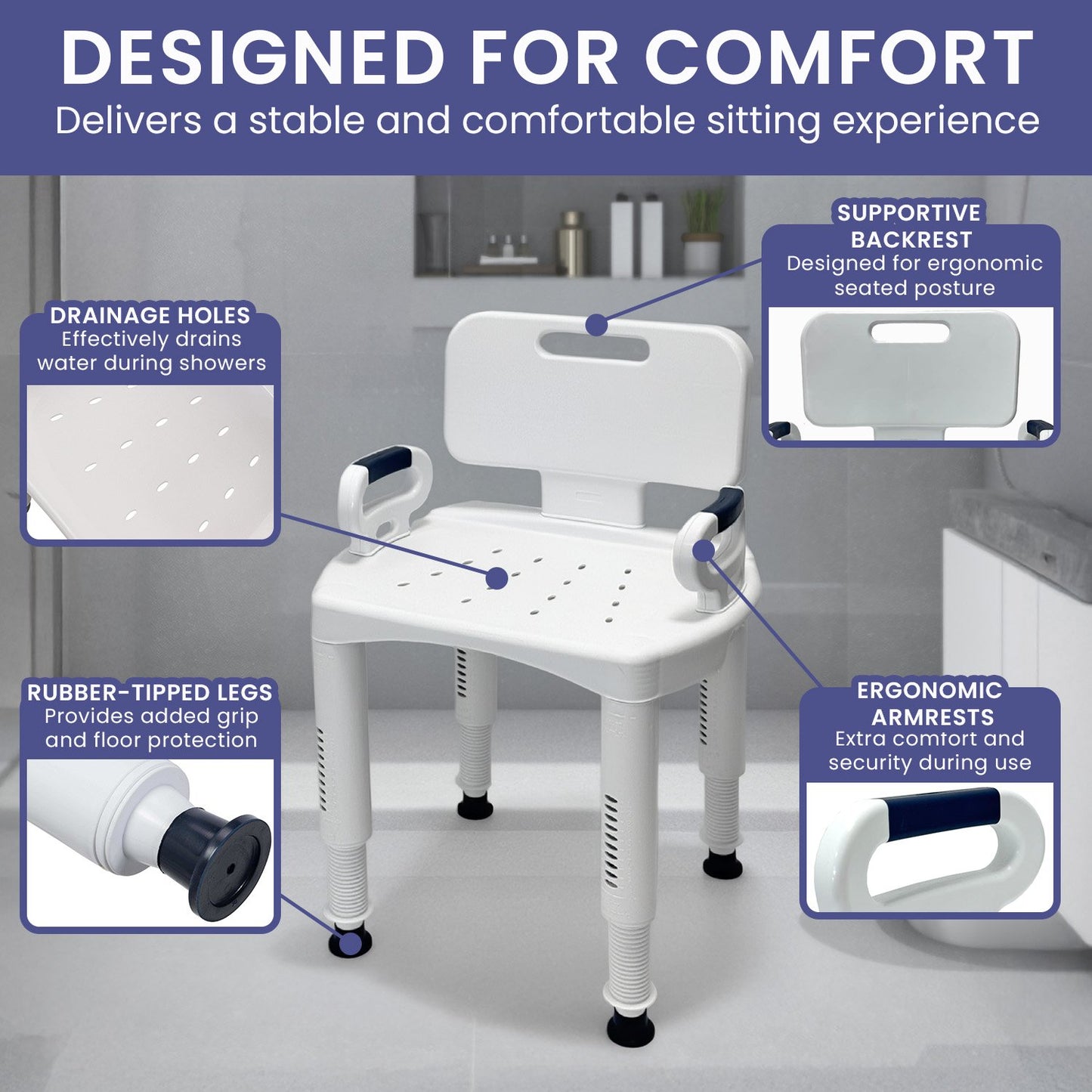 Orthonica Premium Adjustable Shower Chair with Armrests 158kg Capacity V240-SHC-MAS-073-WH