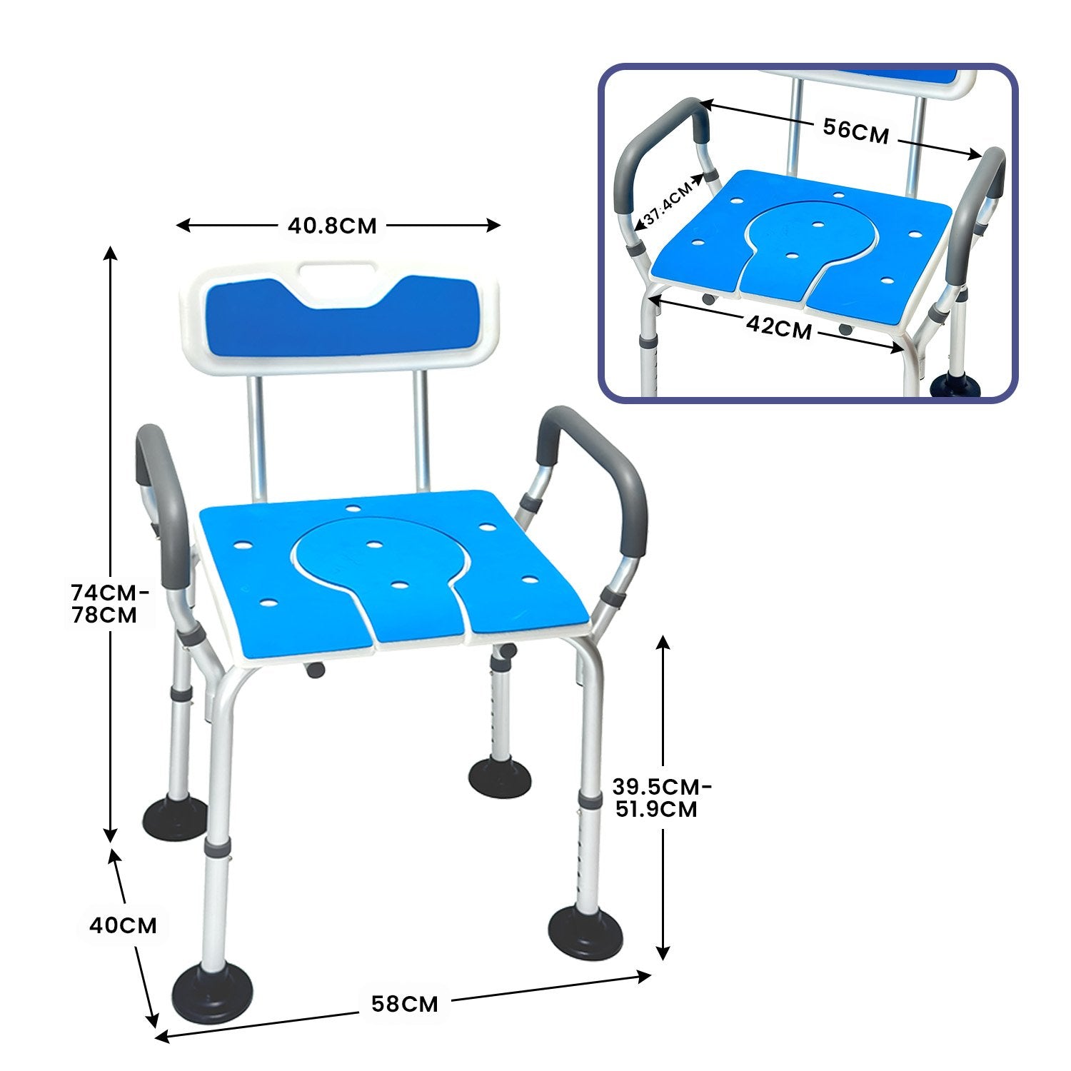 Orthonica Height-Adjustable Aluminium Commode Shower Chair with Armrests Backrest Armrests Soft Stool Seat Aid V240-SHC-MAS-ALU-17L