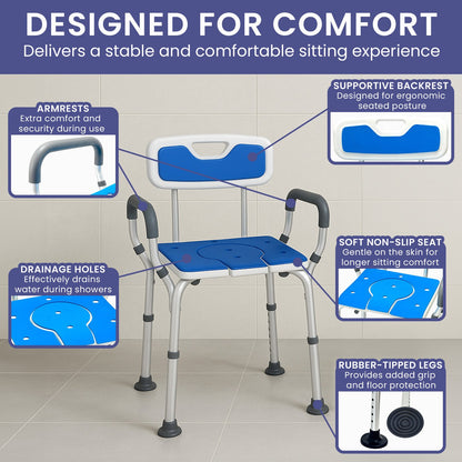 Orthonica Height-Adjustable Aluminium Commode Shower Chair with Armrests Backrest Armrests Soft Stool Seat Aid V240-SHC-MAS-ALU-17L