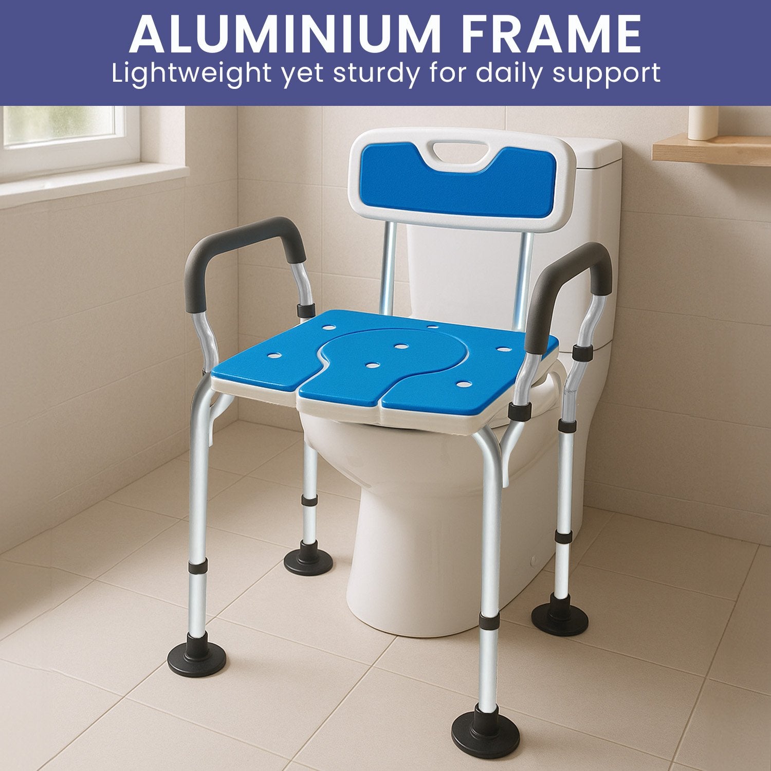 Orthonica Height-Adjustable Aluminium Commode Shower Chair with Armrests Backrest Armrests Soft Stool Seat Aid V240-SHC-MAS-ALU-17L
