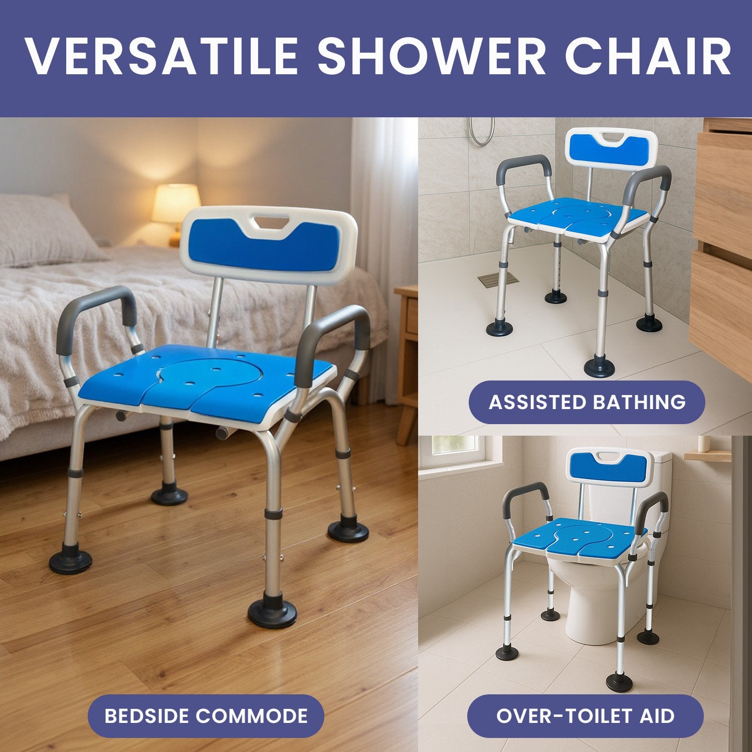 Orthonica Height-Adjustable Aluminium Commode Shower Chair with Armrests Backrest Armrests Soft Stool Seat Aid V240-SHC-MAS-ALU-17L