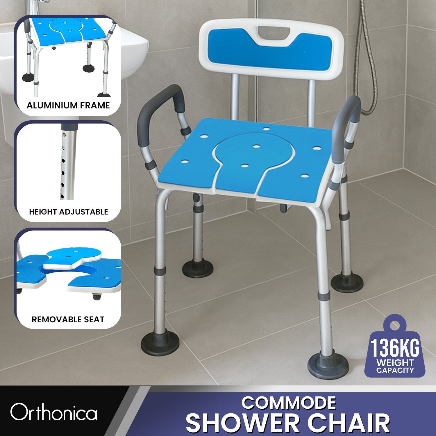 Orthonica Height-Adjustable Aluminium Commode Shower Chair with Armrests Backrest Armrests Soft Stool Seat Aid V240-SHC-MAS-ALU-17L