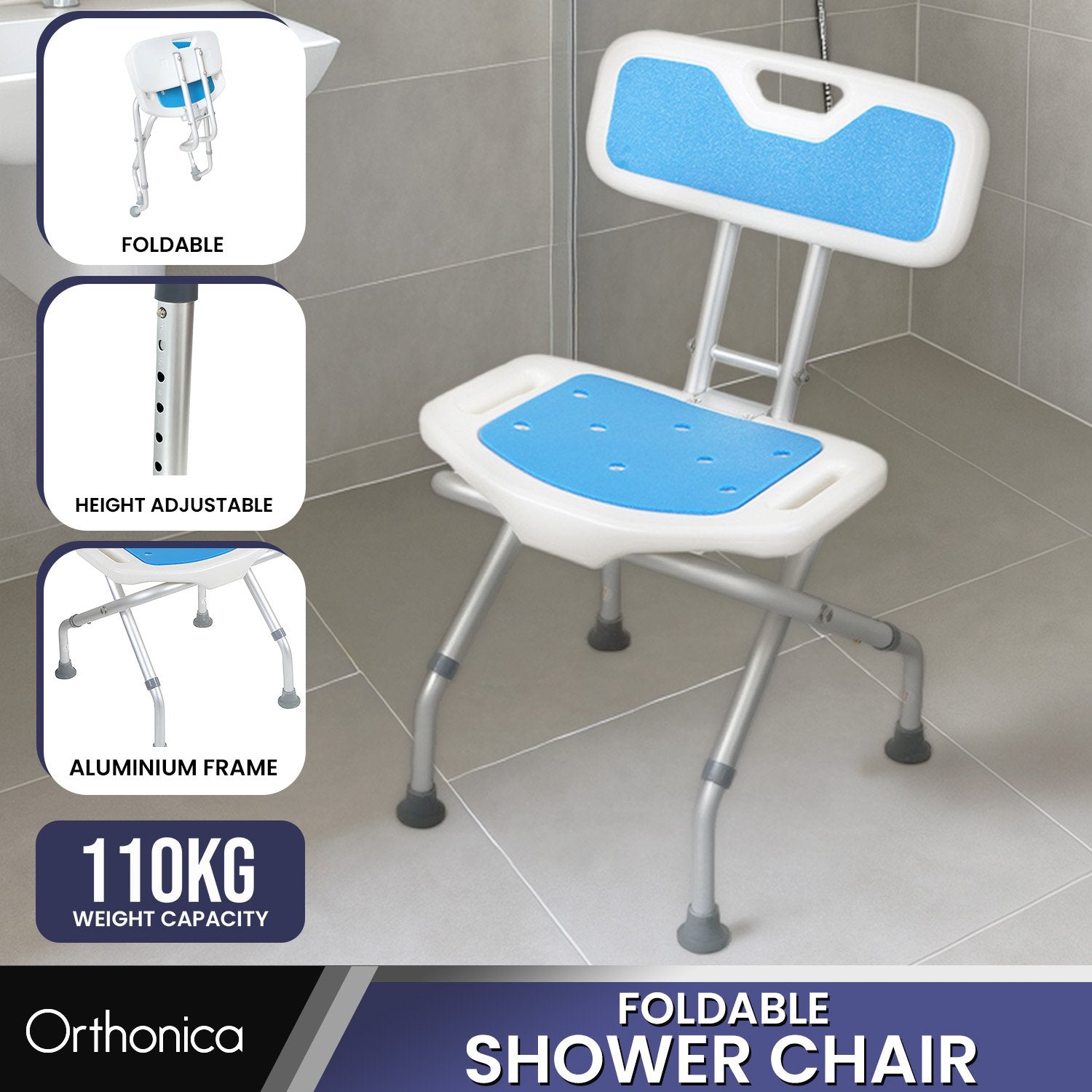 Orthonica Compact & Foldable Commode Shower Chair w/Height Adjustable Aluminium Frame Non Slip Feet HDPE Seat V240-SHC-MAS-ALU-54L
