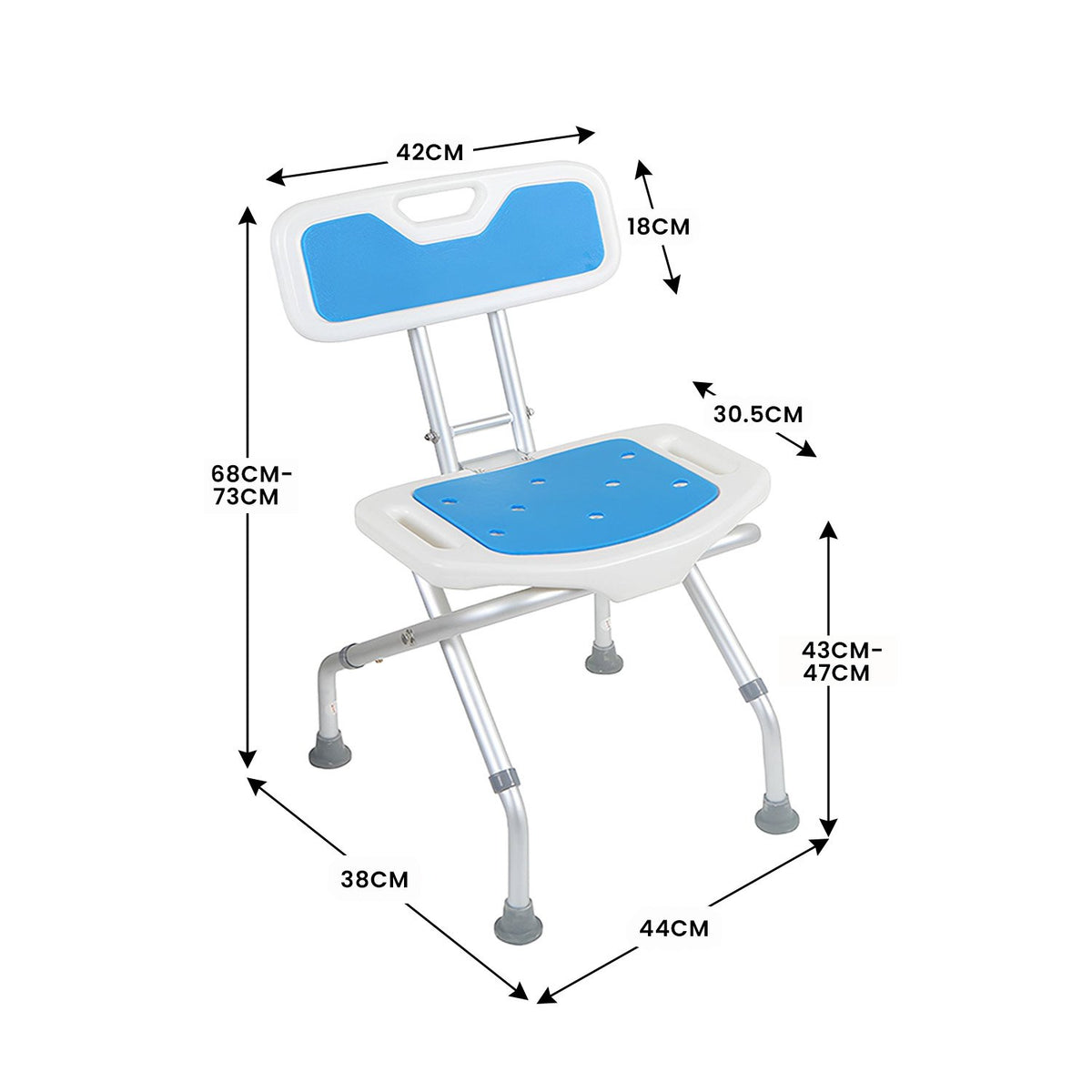 Orthonica Compact & Foldable Commode Shower Chair w/Height Adjustable Aluminium Frame Non Slip Feet HDPE Seat V240-SHC-MAS-ALU-54L