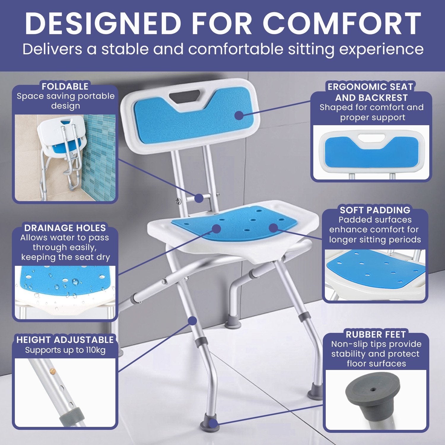 Orthonica Compact & Foldable Commode Shower Chair w/Height Adjustable Aluminium Frame Non Slip Feet HDPE Seat V240-SHC-MAS-ALU-54L